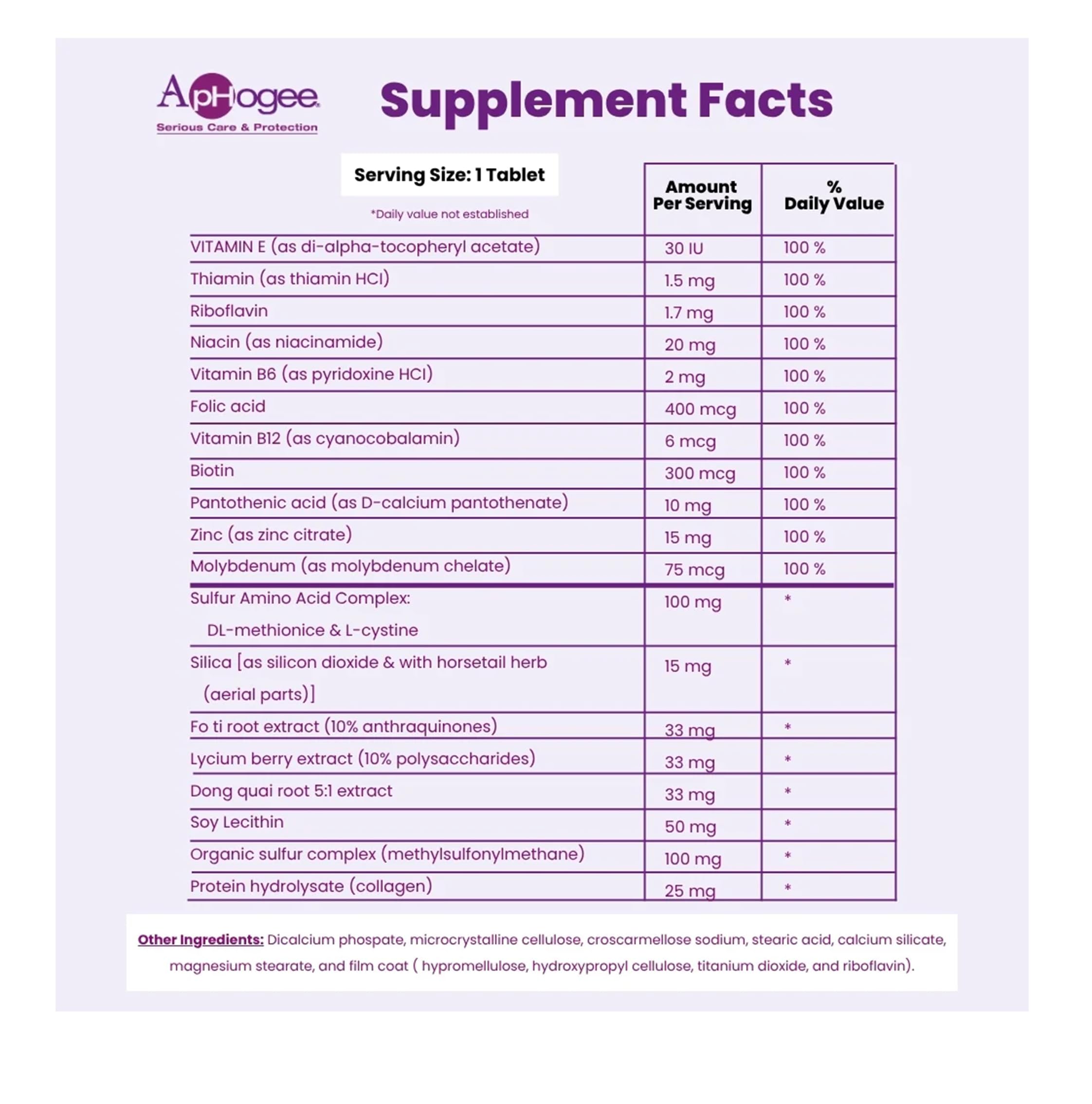 ApHogee Vitamin Hair Supplement - Healthy Hair, 30 Tablets