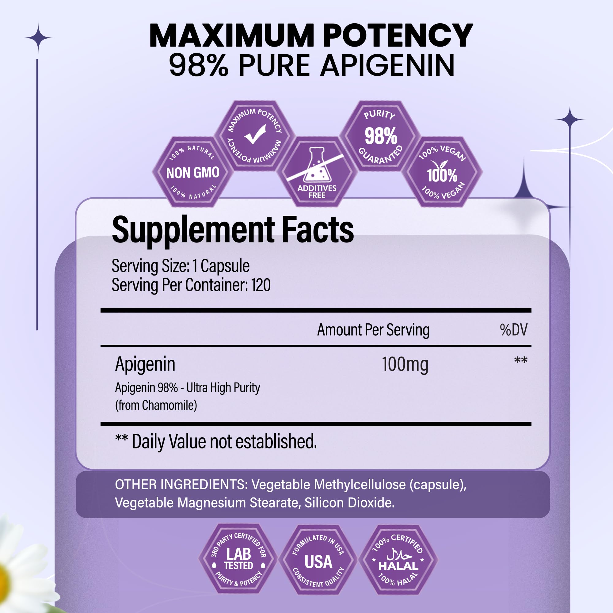 Apigenin 100mg Chamomile Extract – 120 Count, 98% Purity | Sleep, Mood, Cognition & Prostate Health