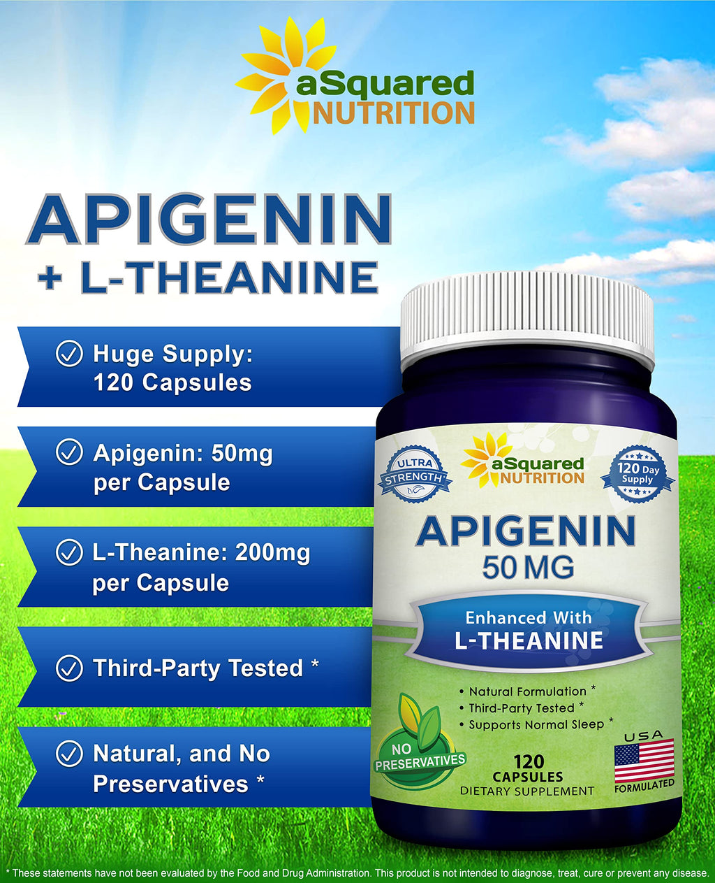aSquared Nutrition Apigenin 50mg & L-Theanine 200mg – 120 Capsules for Sleep & Relaxation