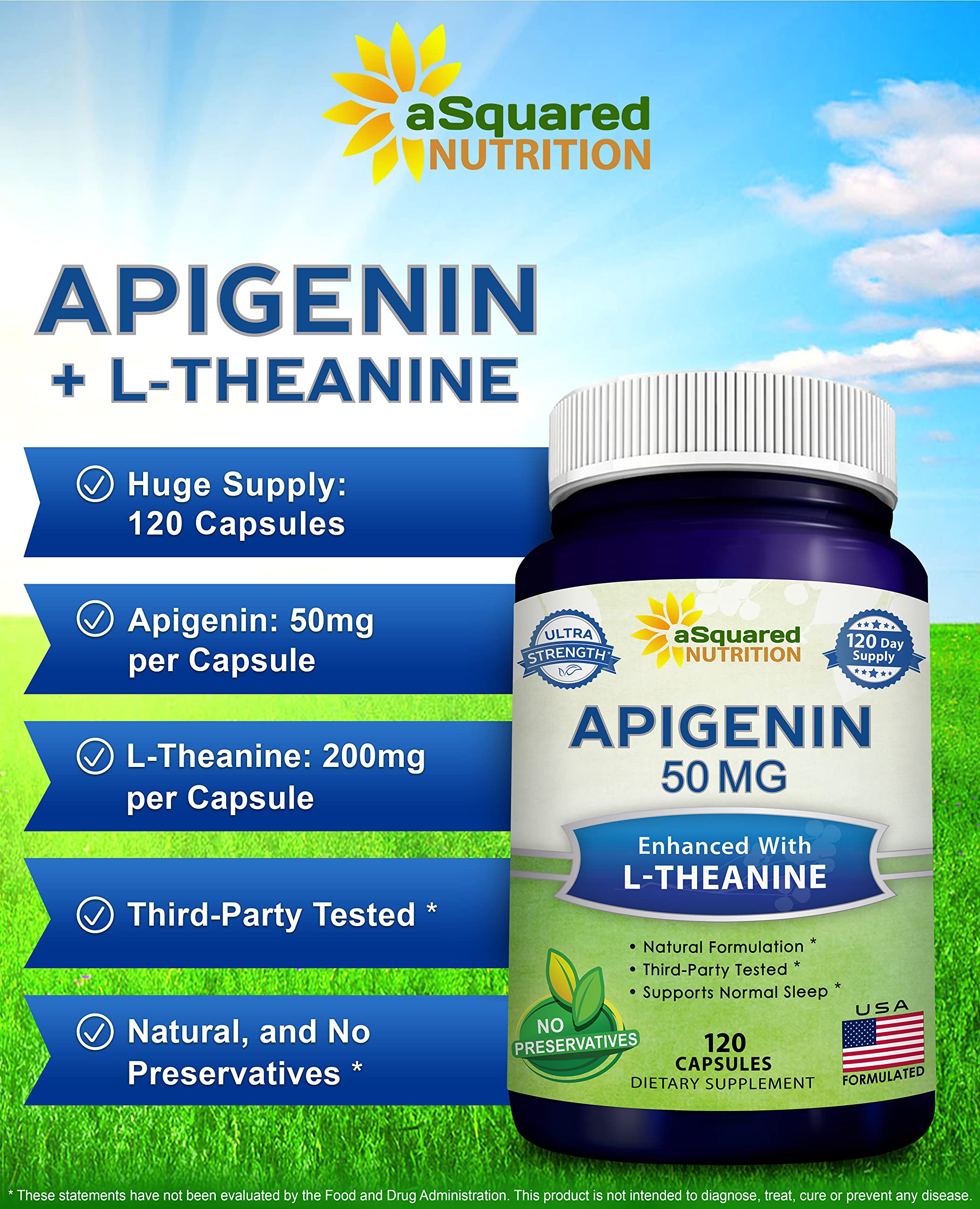 aSquared Nutrition Apigenin 50mg & L-Theanine 200mg – 120 Capsules for Sleep & Relaxation
