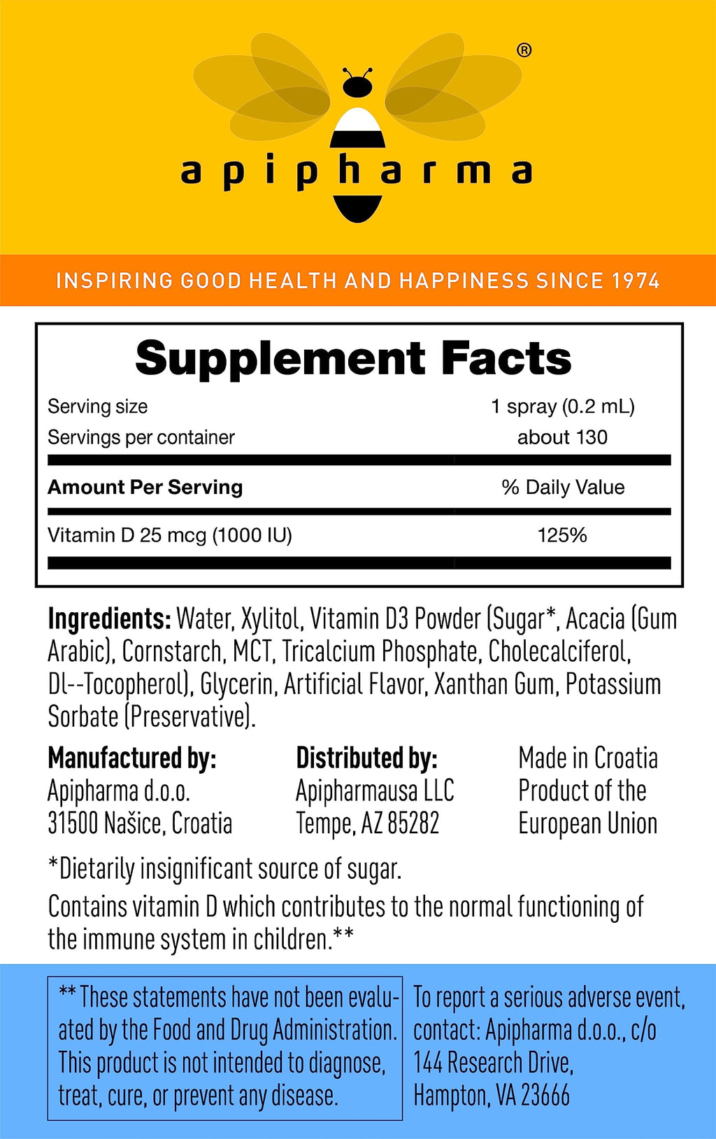 Apipharma Children's Vitamin D3 Spray - Easy D3 for Kids, Immune Support (130 Sprays)