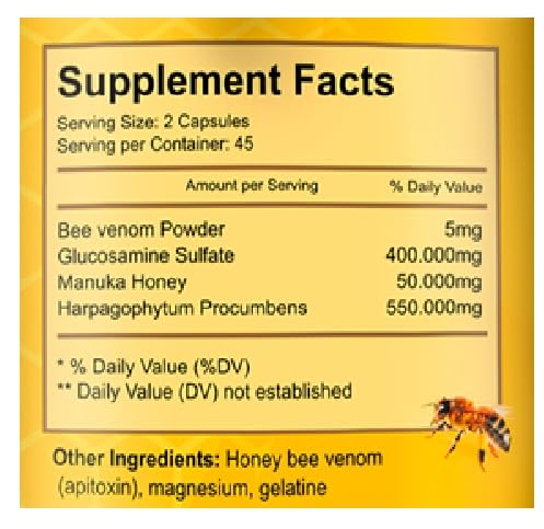 Premium Natural Bee Venom with Glucosamine Sulfate – 90 Capsules Pack of 2 | Joint Support & Manuka Honey