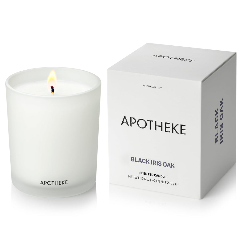 APOTHEKE Black Iris Oak Scented Candle – 10.5 oz Soy Wax, Non-Toxic, Large White Jar | Luxury Home Fragrance