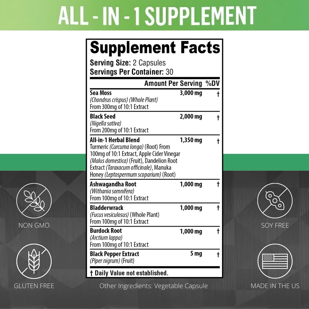 Sea Moss Black Seed Oil Ashwagandha Turmeric Burdock Root | All-in-One Sea Moss Capsules - 60 Count
