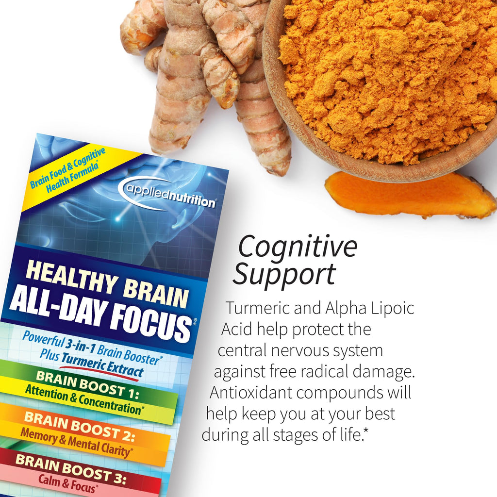 Applied Nutrition Healthy Brain All-Day Focus – 50 Tablets Pack of 2 | 3-in-1 Brain Booster with Turmeric