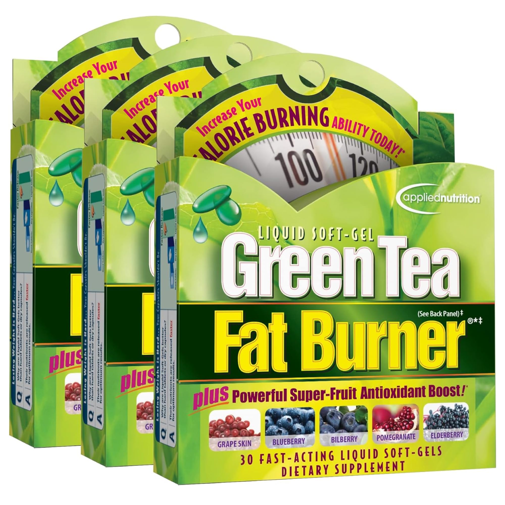 Applied Nutrition Green Tea Fat Burner – 3 Pack (30 Liquid Soft-Gels) – Increases Calorie Burning & Powerful Antioxidants – 45 Servings
