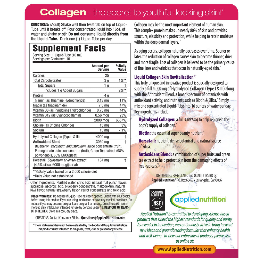 Applied Nutrition Liquid Collagen Skin Revitalization – 2x10 Tubes (Tropical Strawberry Kiwi)