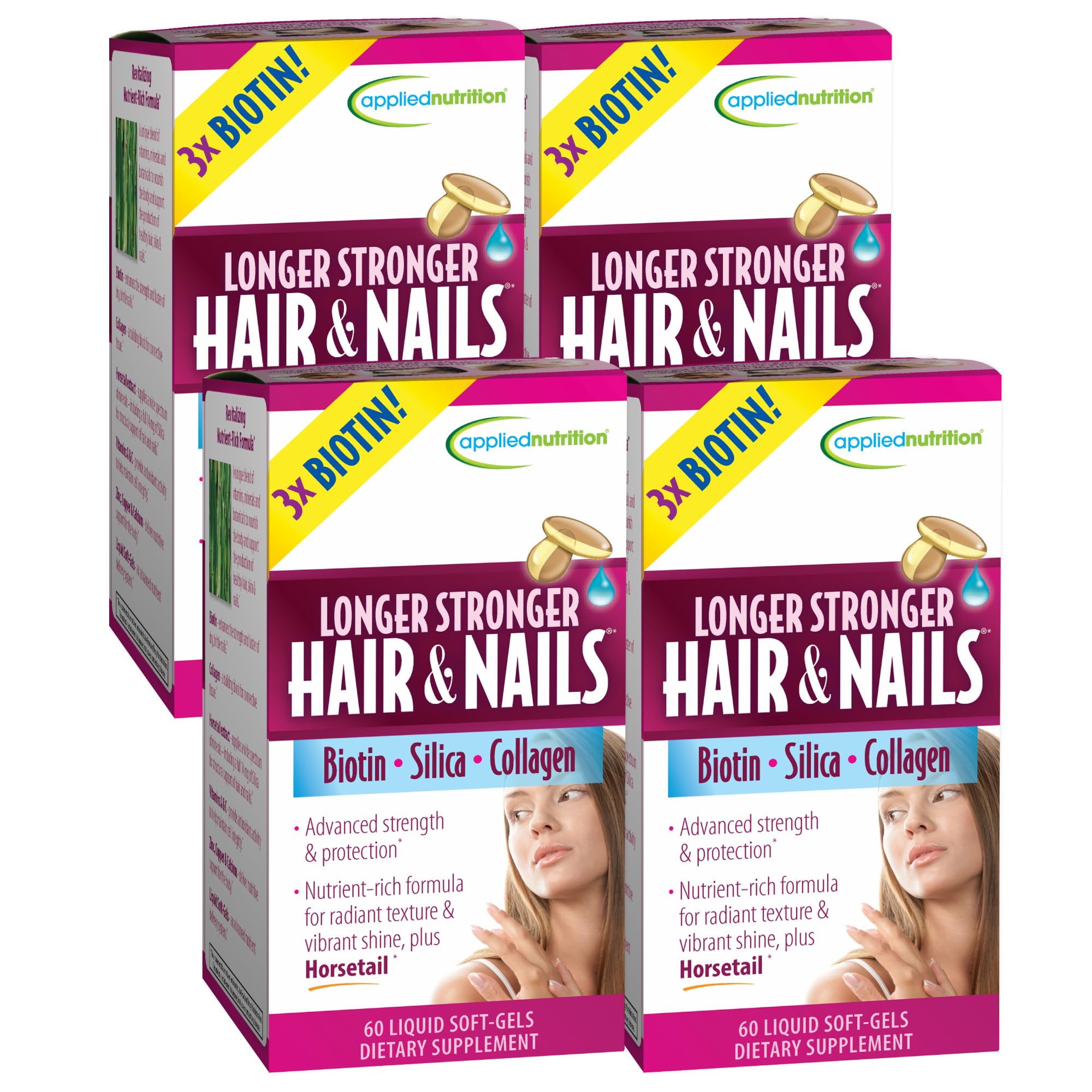 Applied Nutrition Longer Stronger Hair & Nails – 60 Liquid Soft-Gels per Bottle, Pack of 4, 120 Servings