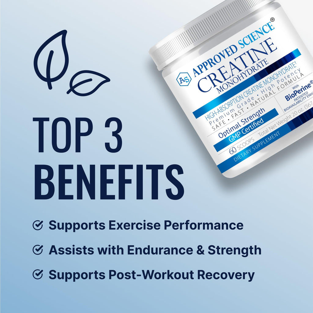 Approved Science Creatine Monohydrate Powder with BioPerine — 60 Servings, 5g/Serving, Unflavored, Non-GMO, Vegan
