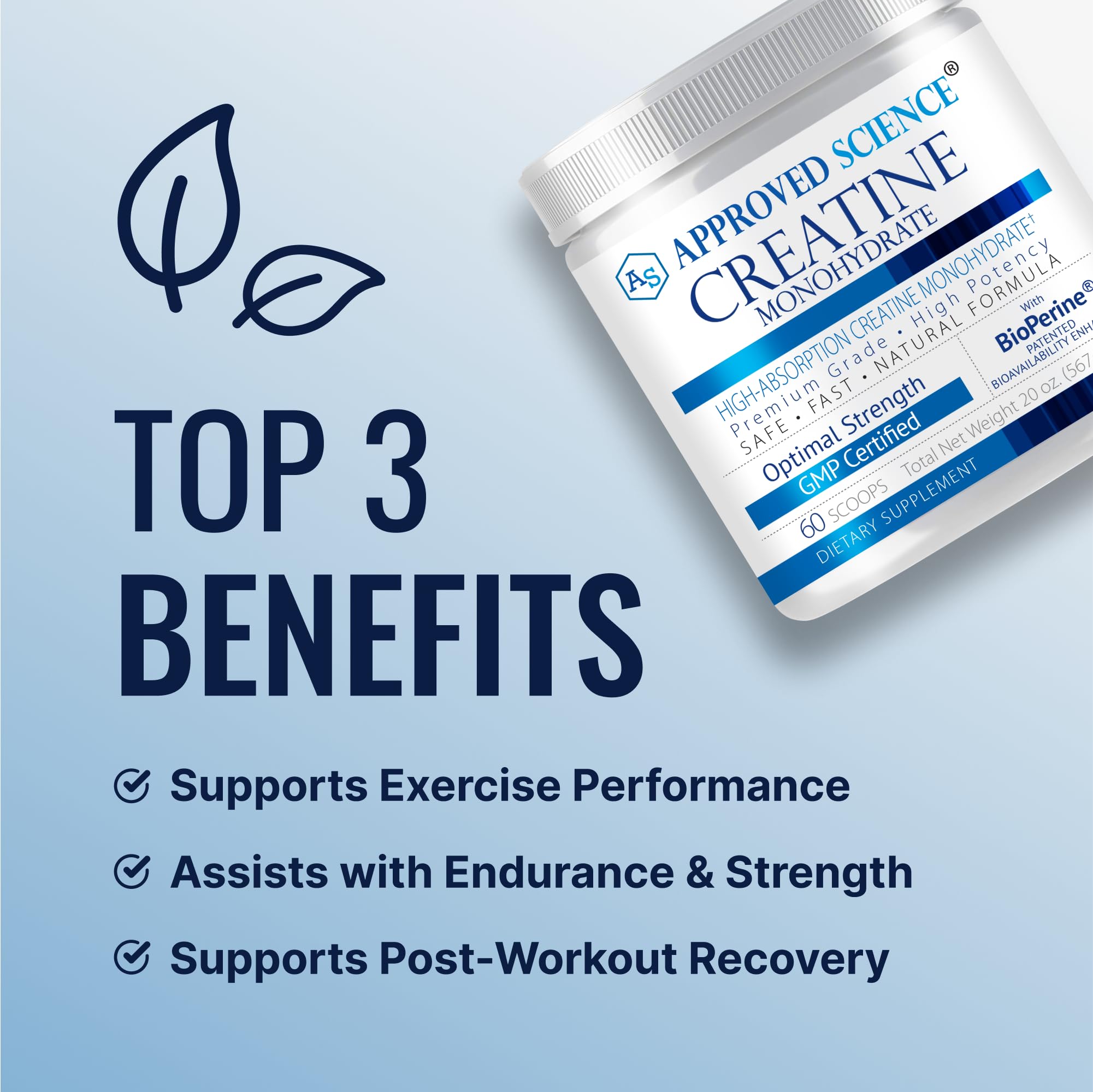 Approved Science Creatine Monohydrate Powder with BioPerine — 60 Servings, 5g/Serving, Unflavored, Non-GMO, Vegan