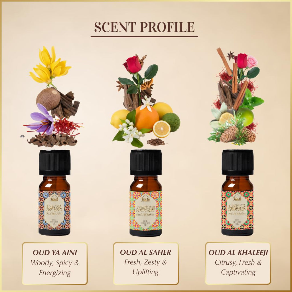 Arabic Oud Diffuser Oil Set by Dukhni – 3 x 10ml Oudh Oils Gift Set