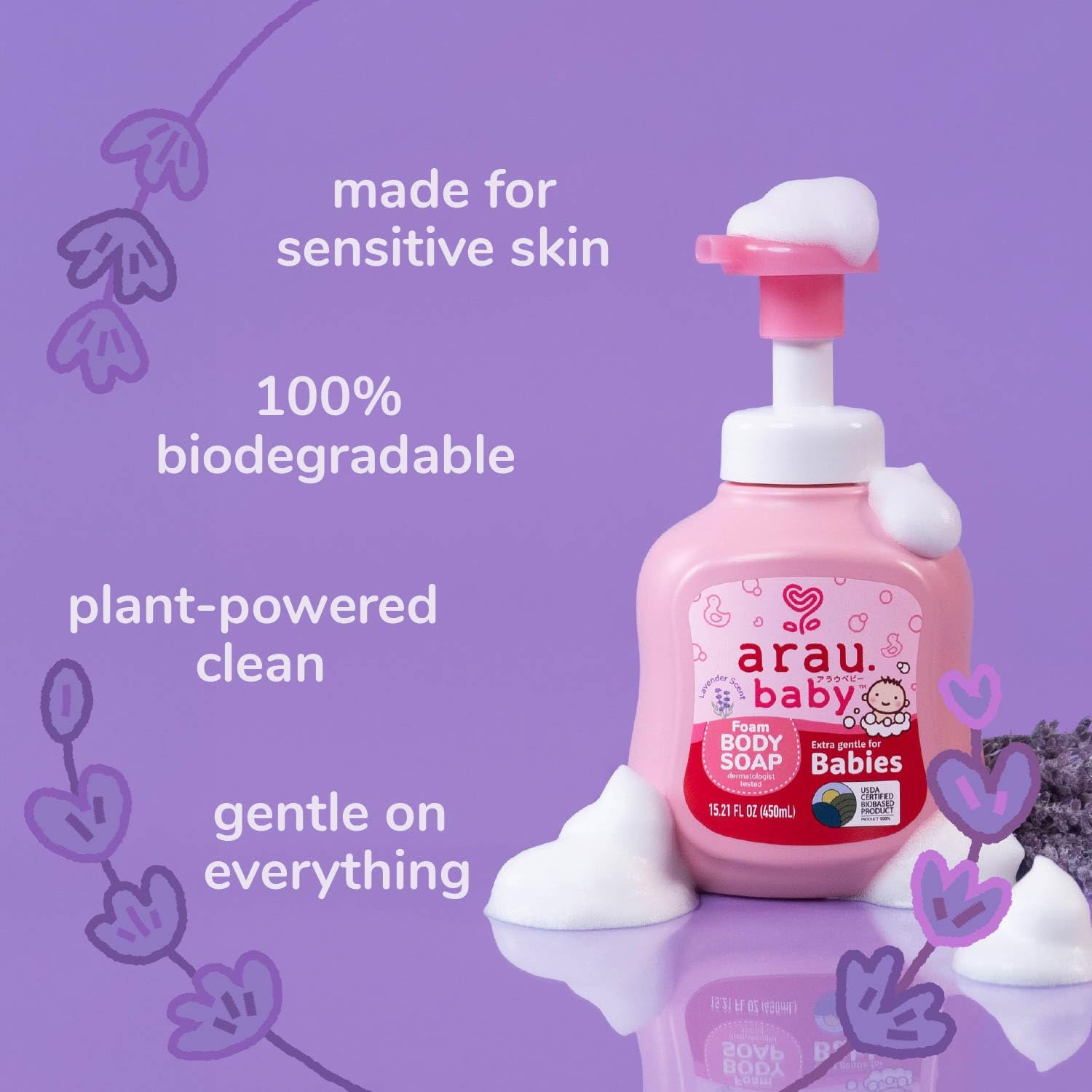 Arau Baby Foam Body Soap Lavender Scent - Plant-Based Baby Wash for Sensitive Skin