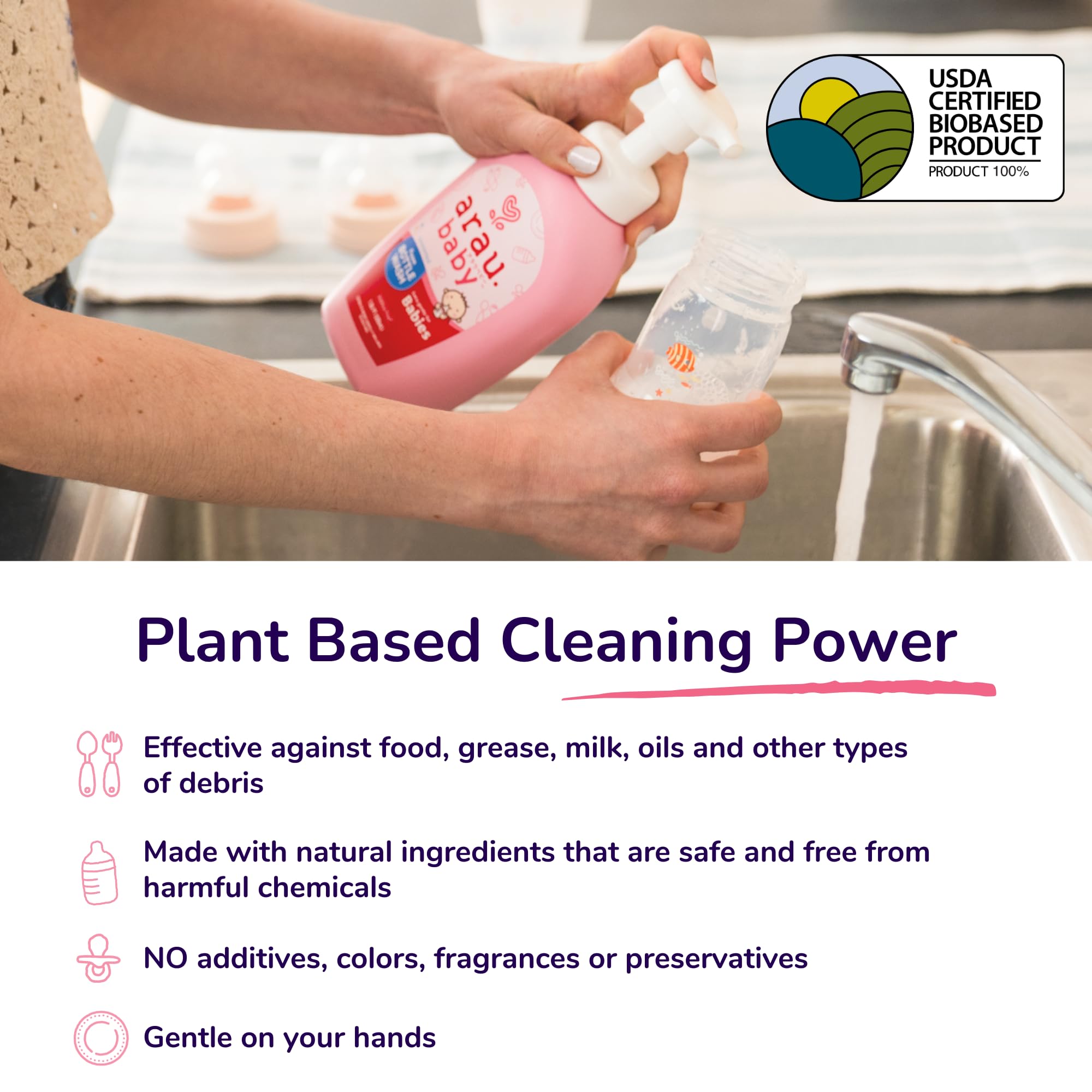 Arau Baby Unscented Foam Bottle Wash, Natural Plant Based Baby Bottle & Dish Soap, No Artificial Fragrance or Additives, Gentle for Washing Bottles, Pacifiers and Toys, Easy Rinse, 15.21 Fl Oz
