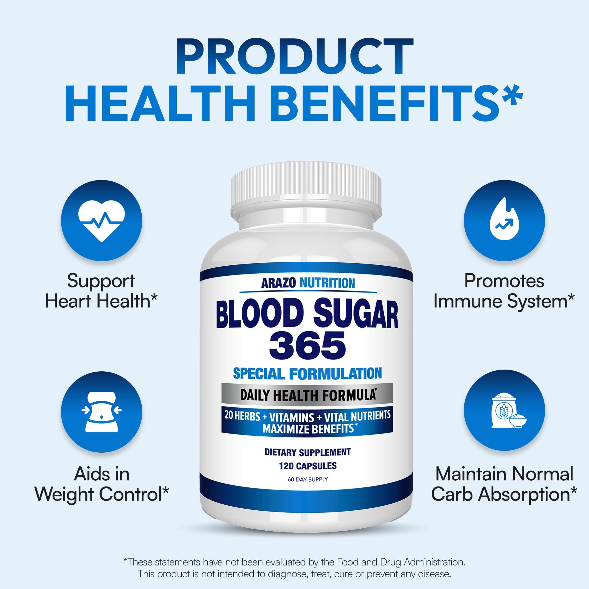 Arazo Nutrition Blood Sugar 365 – Energy Support Supplement, 120 Herbal Pills (60-Day Supply)
