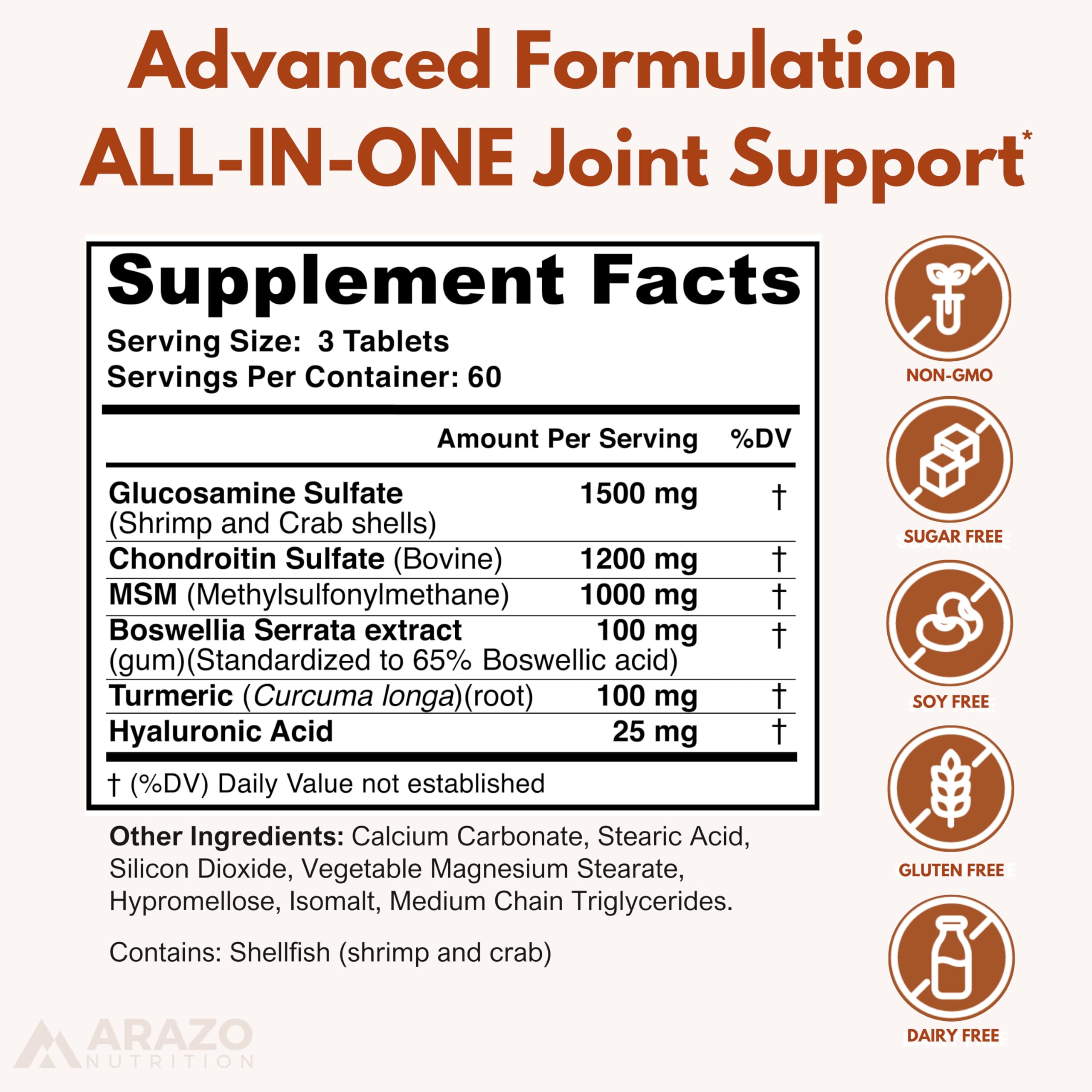 Arazo Nutrition Glucosamine Chondroitin Turmeric MSM Boswellia – Joint Support Supplement (180 Tablets)