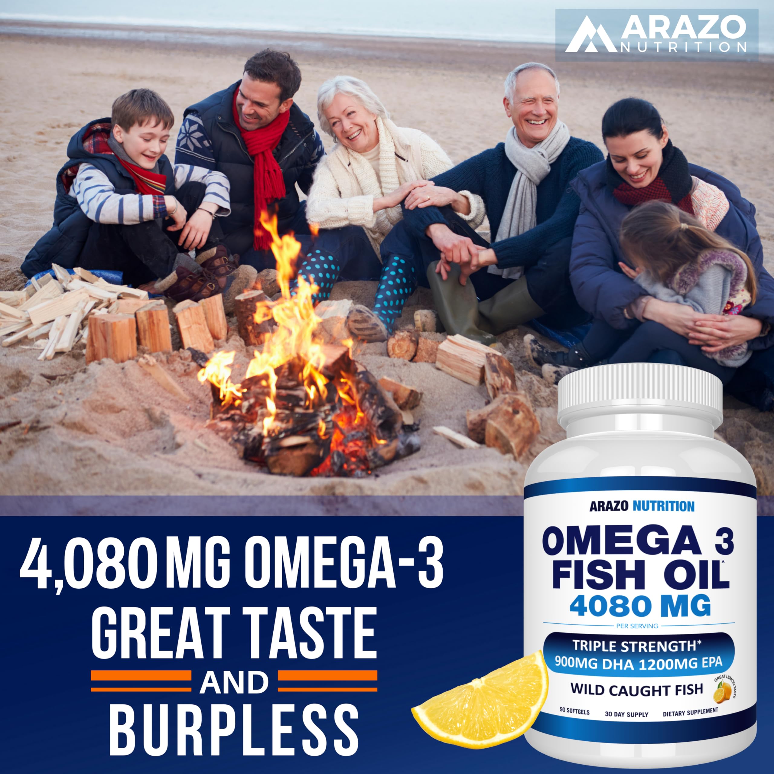 Arazo Nutrition Wild Caught Omega-3 Fish Oil – 90 Soft Gels (4080 mg) Lemon Burpless
