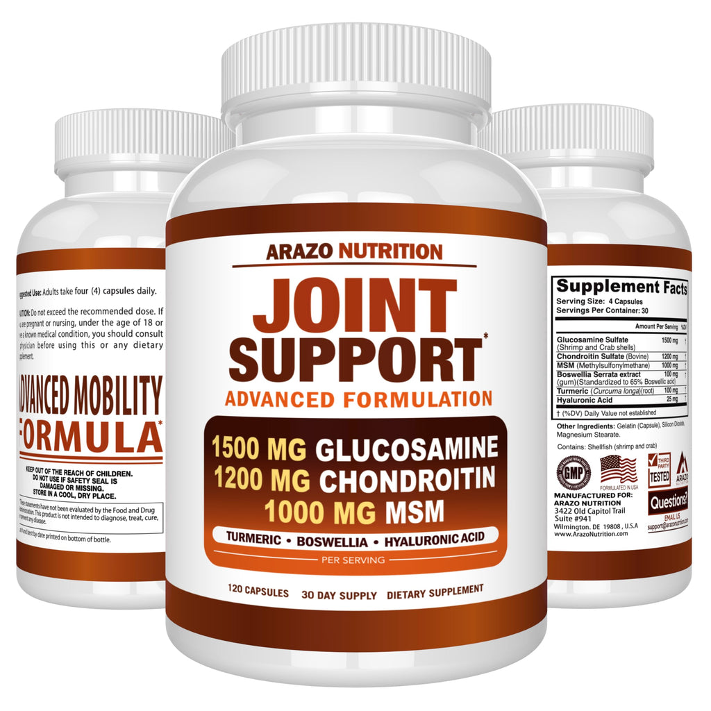 Arazo Nutrition Glucosamine Chondroitin Turmeric MSM Boswellia – Joint Support Supplement (120 Capsules)