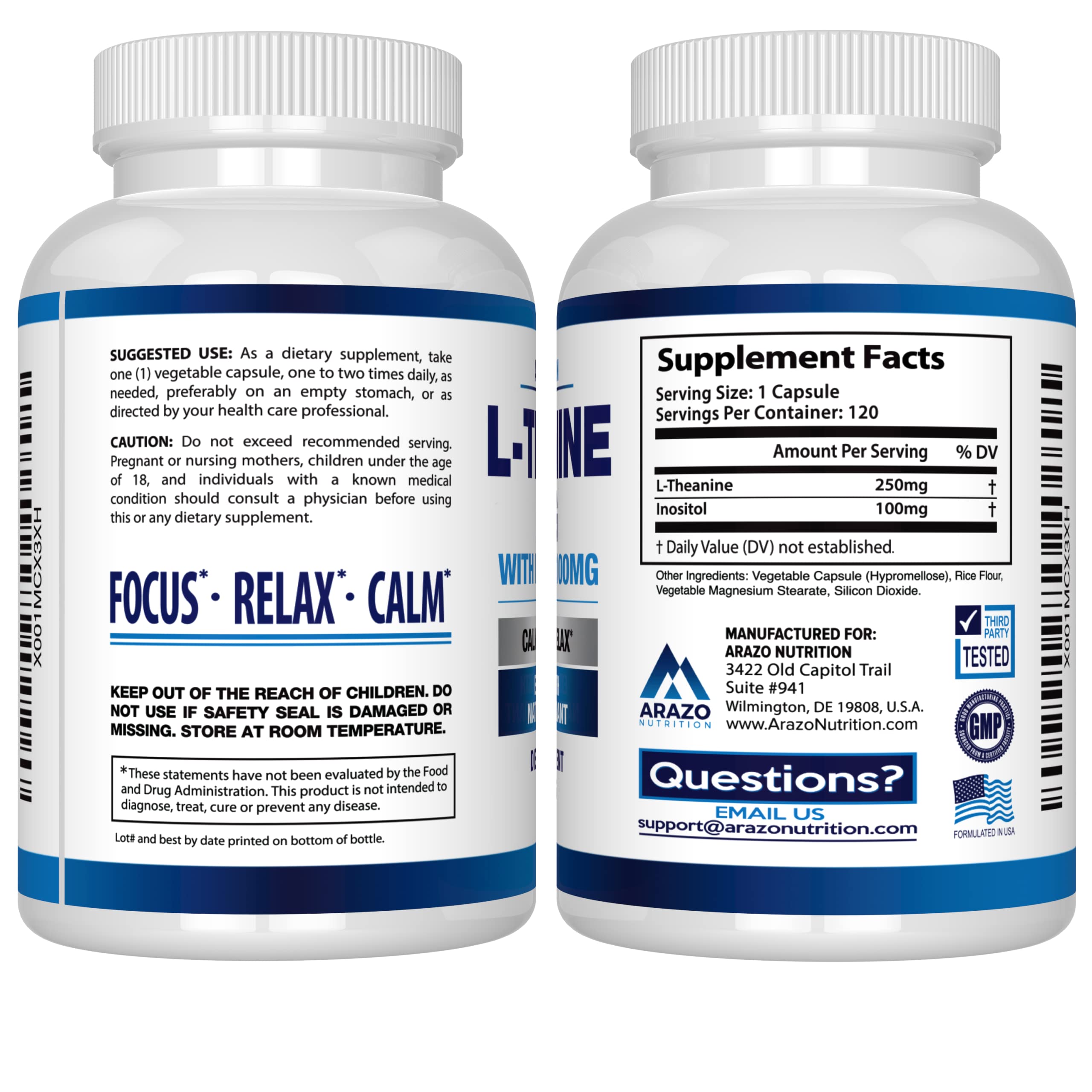 Arazo Nutrition L-Theanine 250mg Extra Strength with Inositol 100mg – 120 Vegetarian Capsules (Pack of 2)