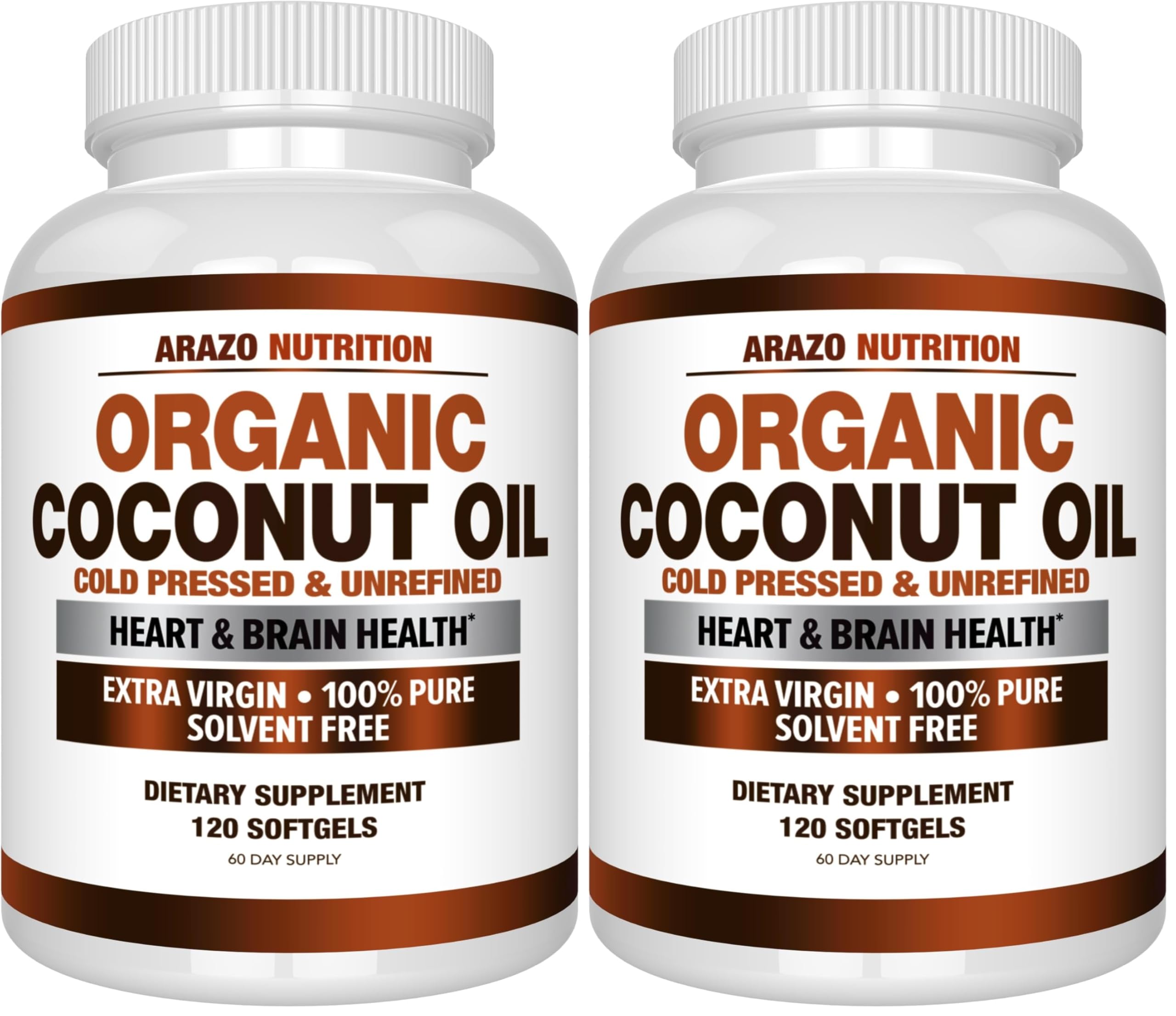 Arazo Nutrition Organic Coconut Oil 2000 MG | Extra Virgin Cold Pressed – 120 Softgels (Pack of 2)