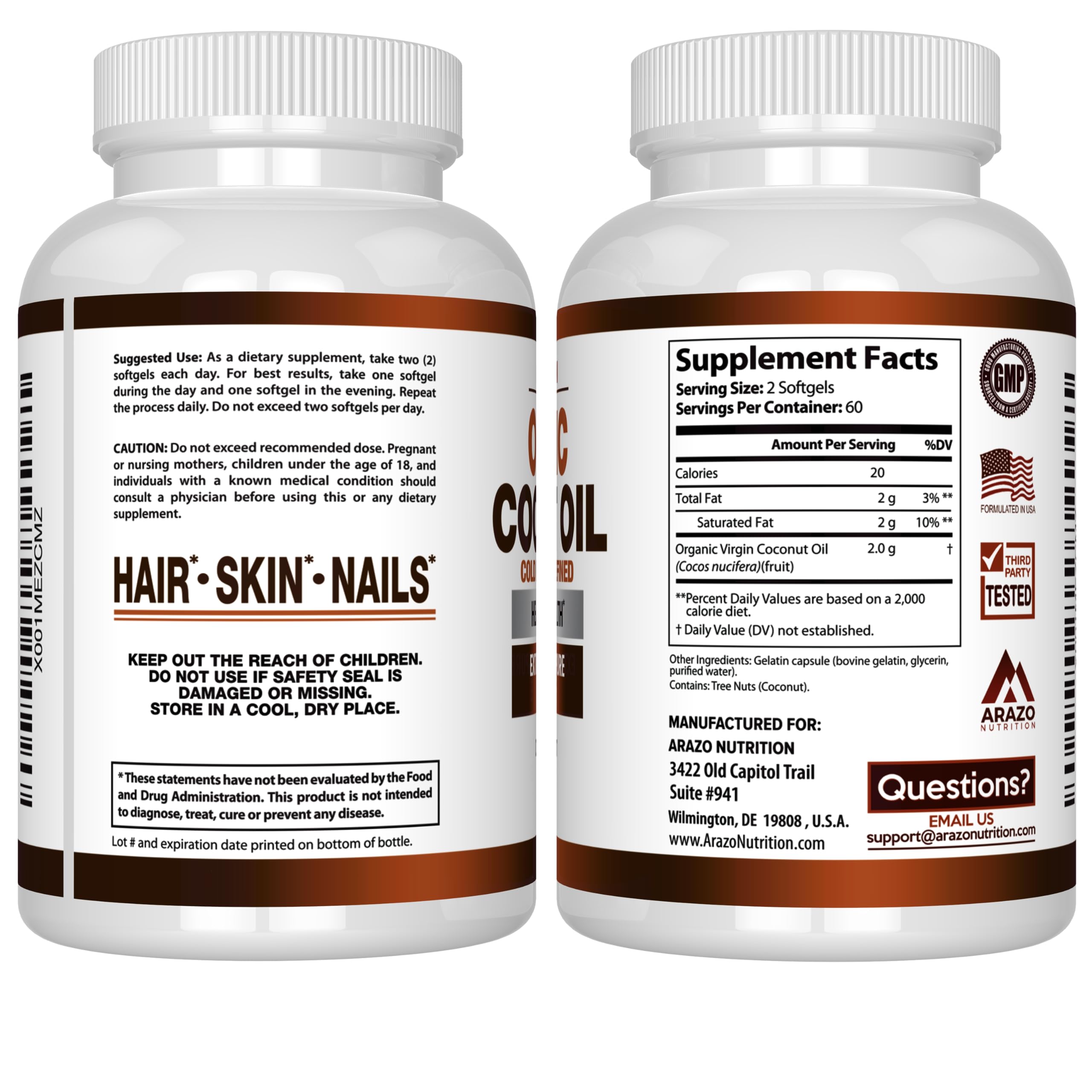 Arazo Nutrition Organic Coconut Oil 2000 MG | Extra Virgin Cold Pressed – 120 Softgels (Pack of 2)