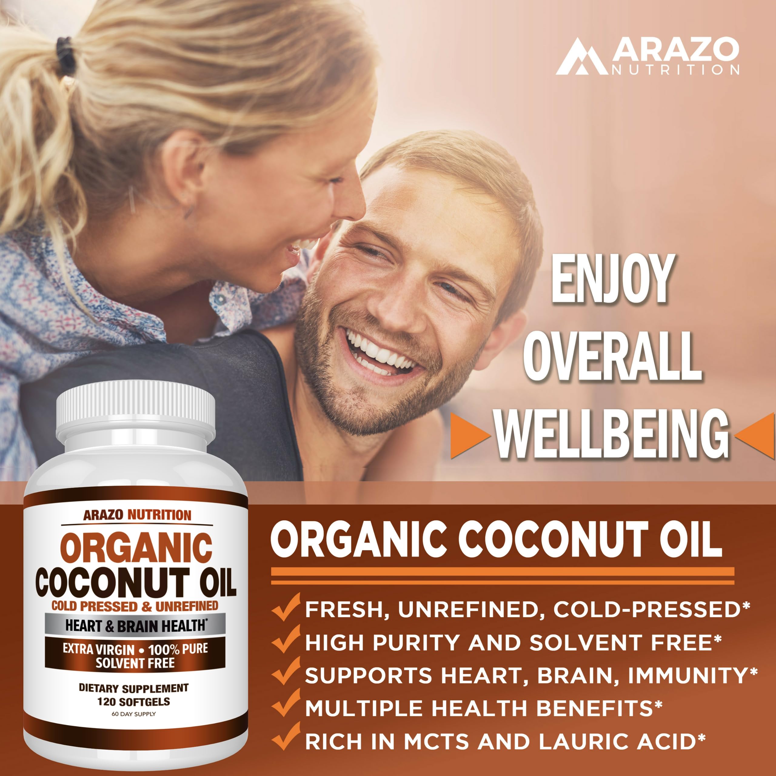 Arazo Nutrition Organic Coconut Oil 2000 MG | Extra Virgin Cold Pressed – 120 Softgels (Pack of 2)
