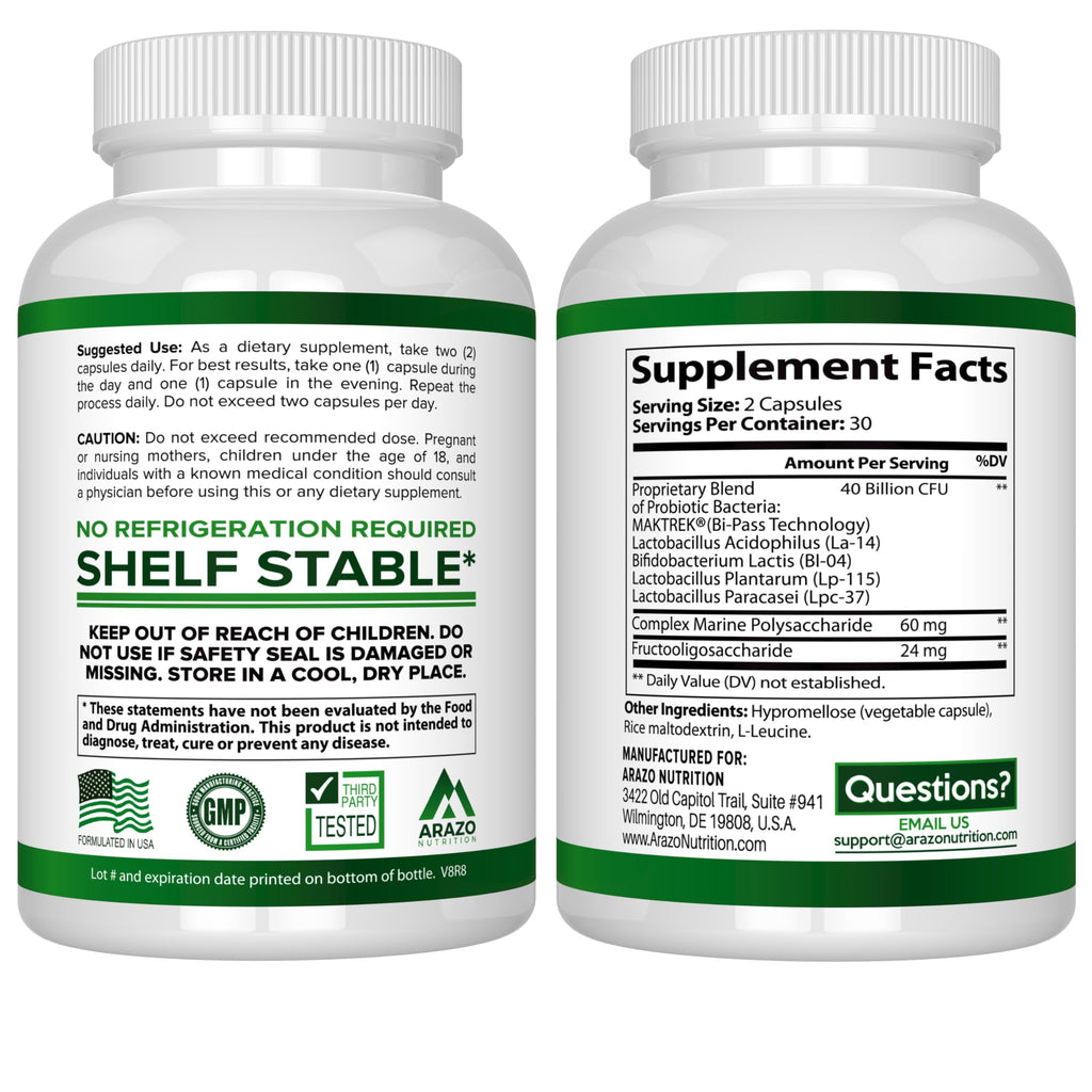 Arazo Nutrition Probiotic 40B CFU - Time-Release & Shelf-Stable (2 Pack)