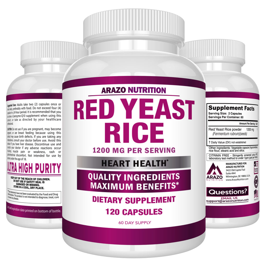 Arazo Nutrition Red Yeast Rice Extract 1200 MG – Citrinin Free, Vegetarian, 120 Capsules (Pack of 2)