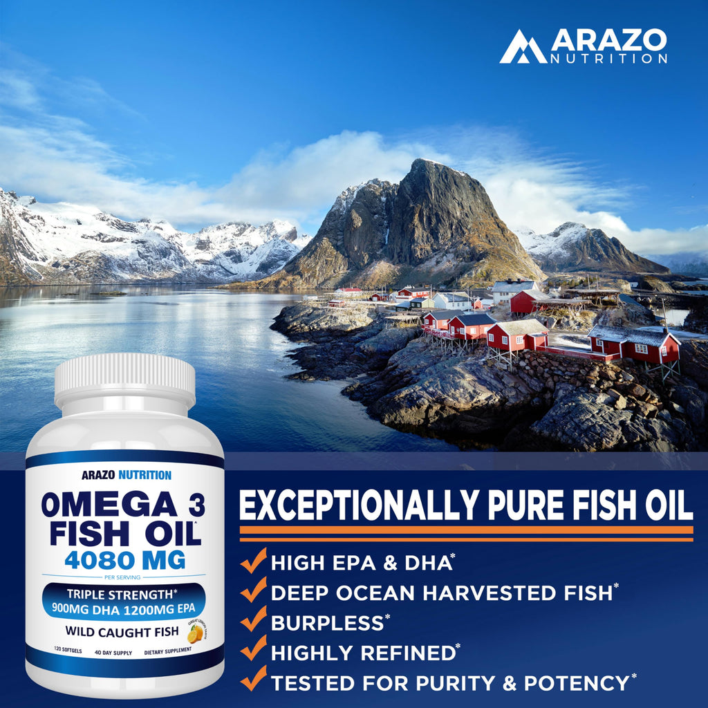 Arazo Nutrition Wild Caught Omega-3 Fish Oil – 120 Soft Gels, High EPA & DHA, Lemon Burpless
