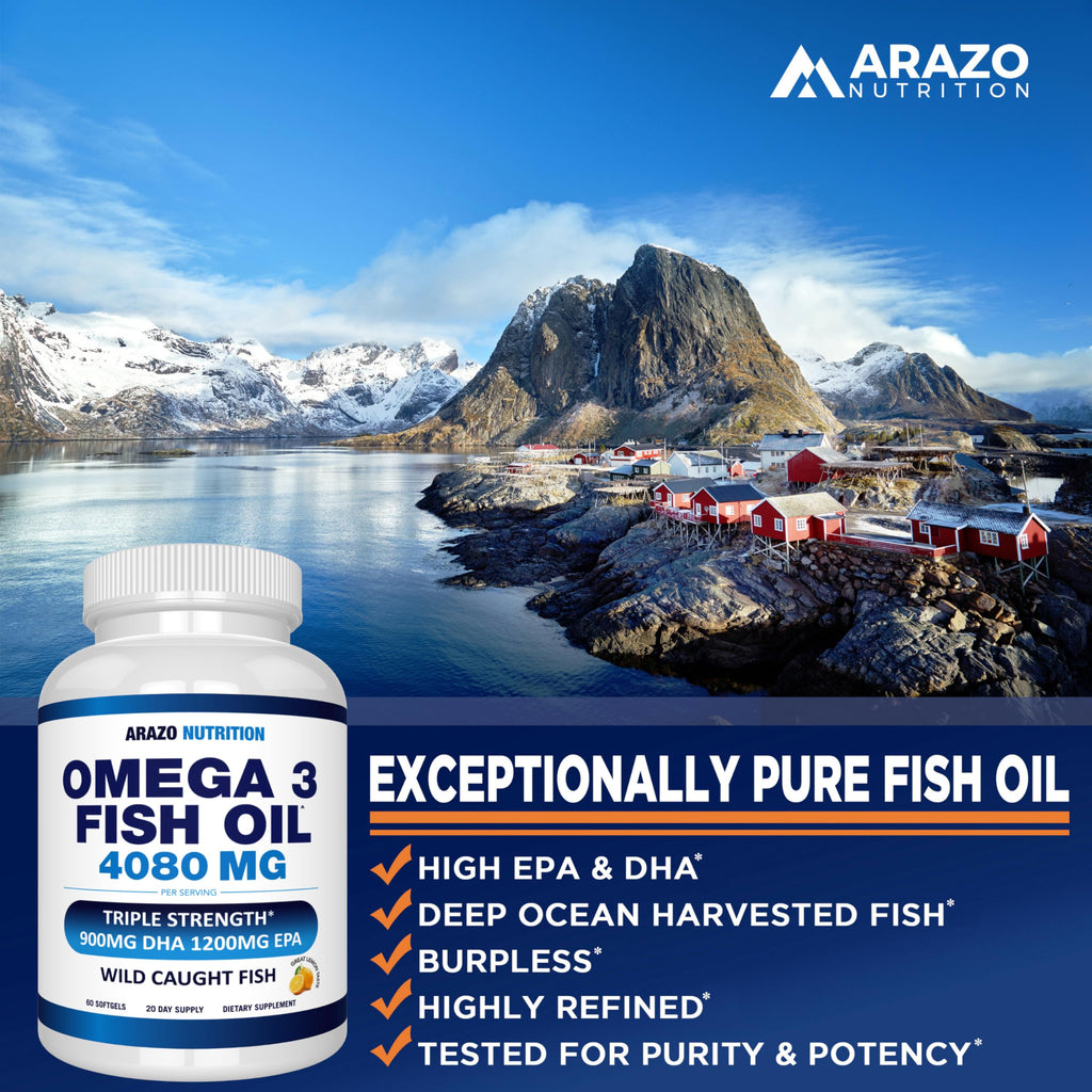 Arazo Nutrition Wild Caught Omega-3 Fish Oil – 60 Soft Gels | High EPA 1200mg, DHA 900mg | Lemon Burpless
