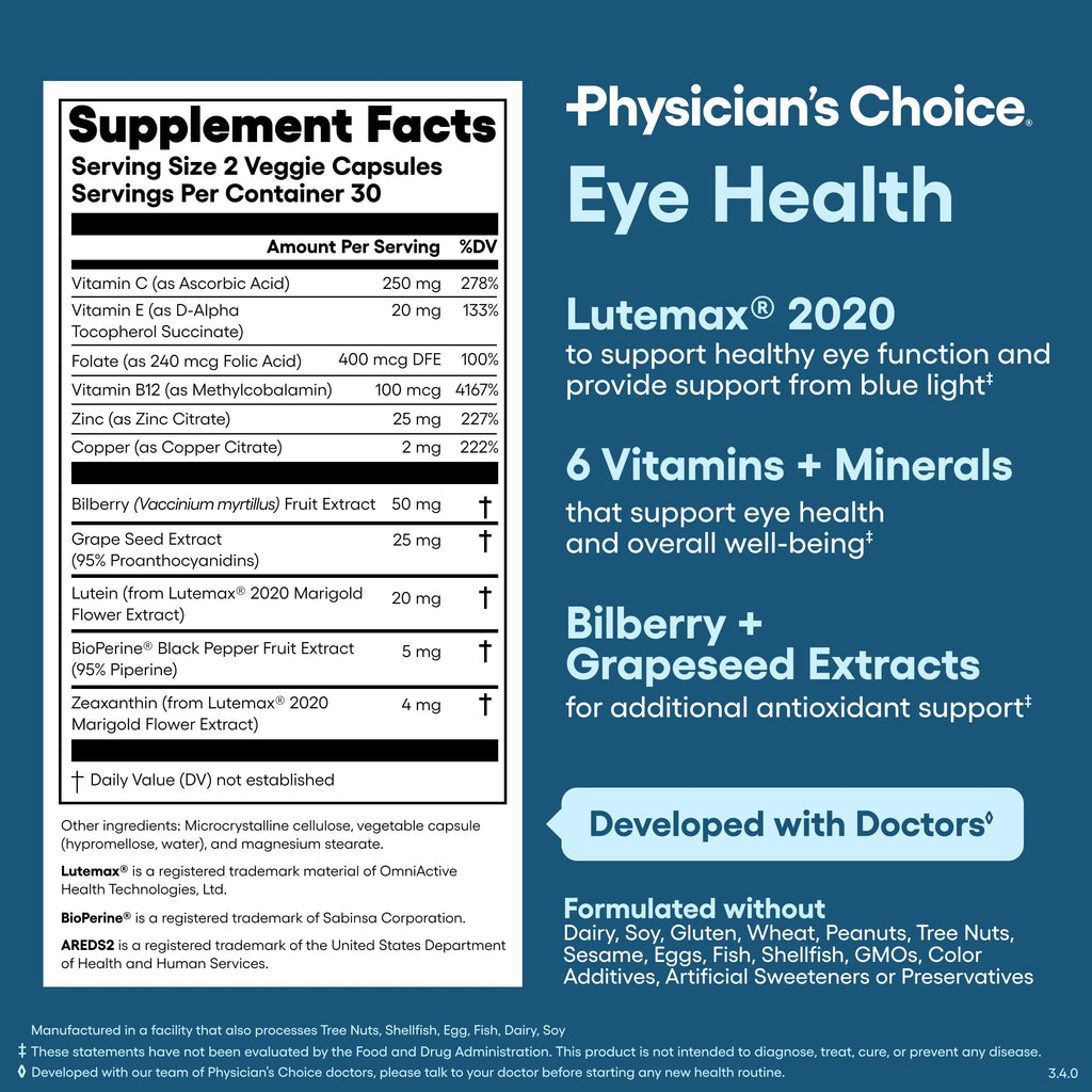 Areds 2 Eye Vitamins - Lutein, Zeaxanthin & Bilberry Extract - Supports Eye Strain, Dry Eyes, and Vision Health - 2 Award-Winning Clinically Proven Eye Vitamin Ingredients - Carotenoid Blend