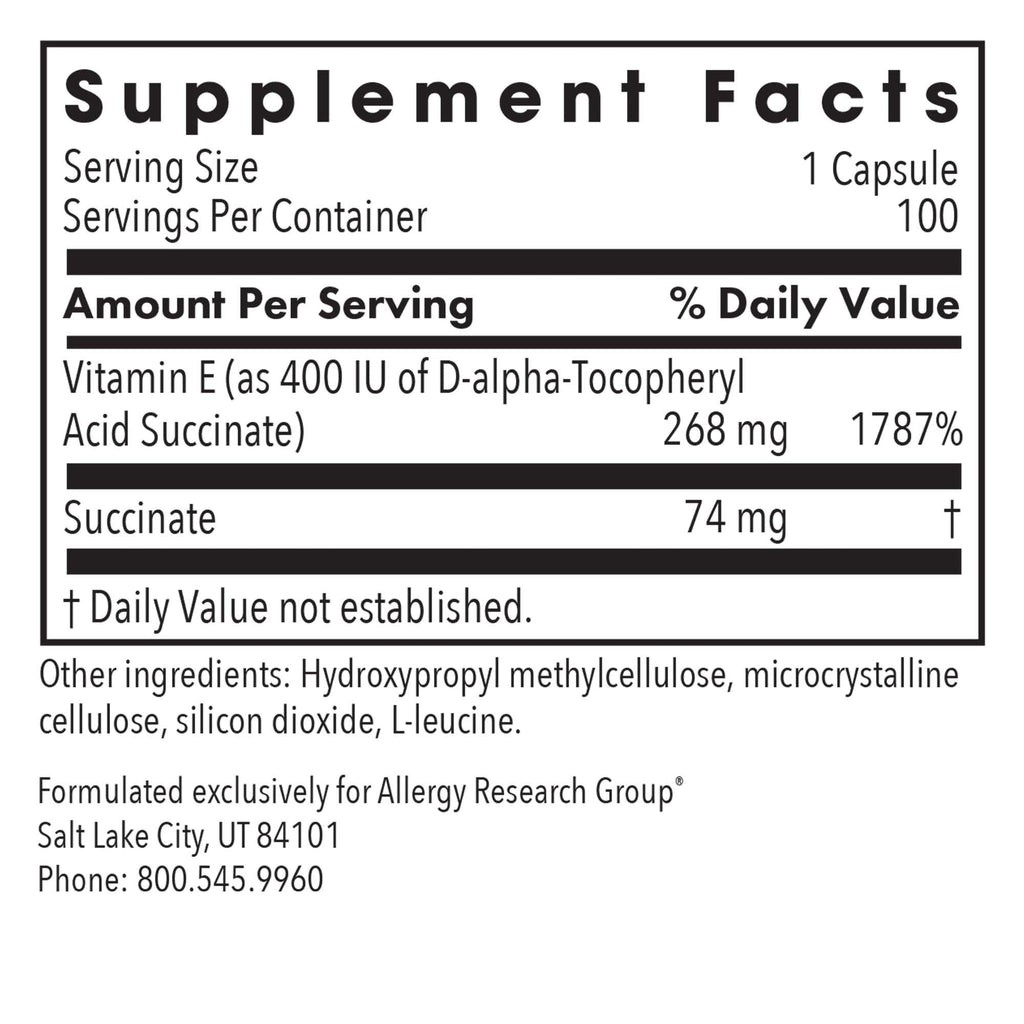 Allergy Research Group Vitamin E Succinate 400 IU - Vegetarian Capsules, 100 Count
