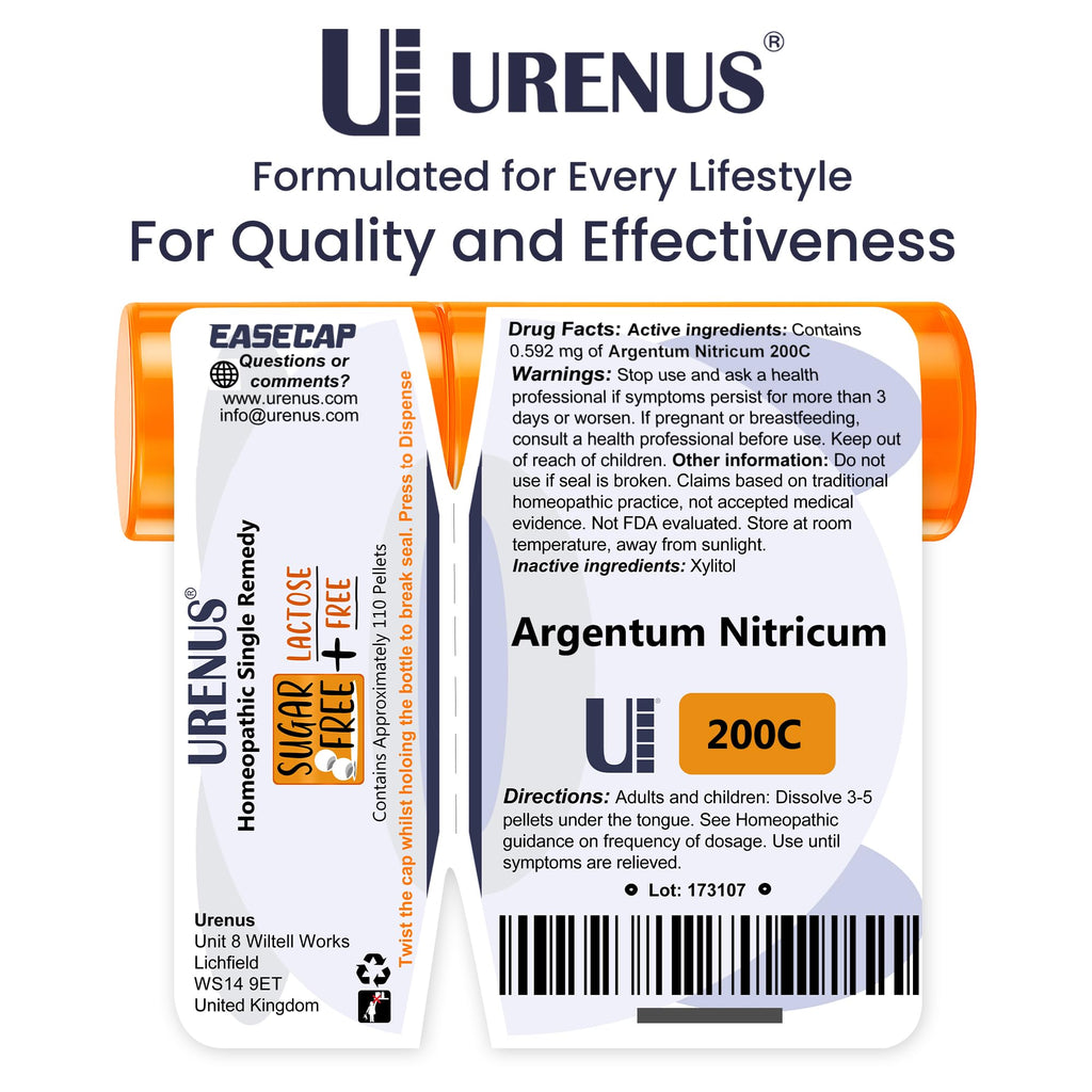 Argentum Nitricum 200C – Sugar Free & Lactose Free Homeopathic Remedy (110 Pellets) | Urenus