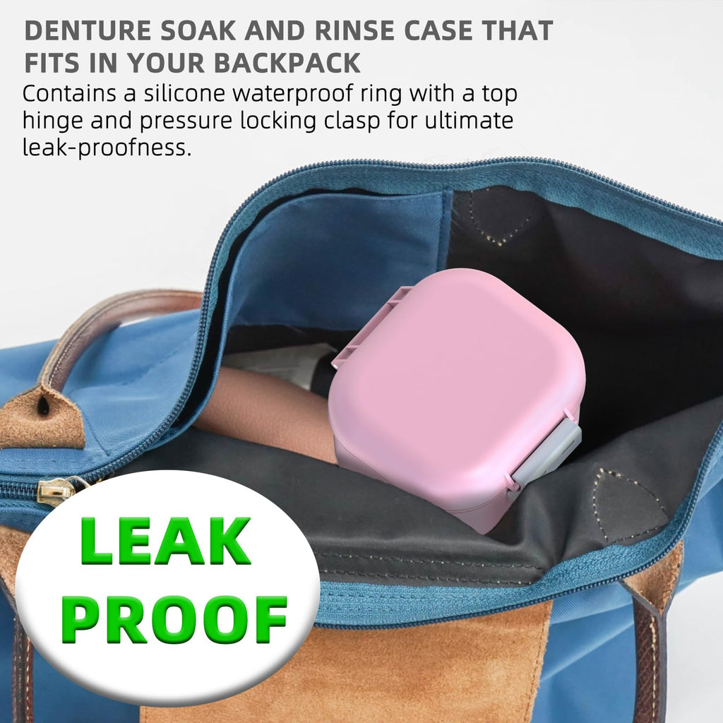 ARGOMAX Leak-Proof Denture Bath Cup – Portable Denture Box with Strainer (Pink & White)