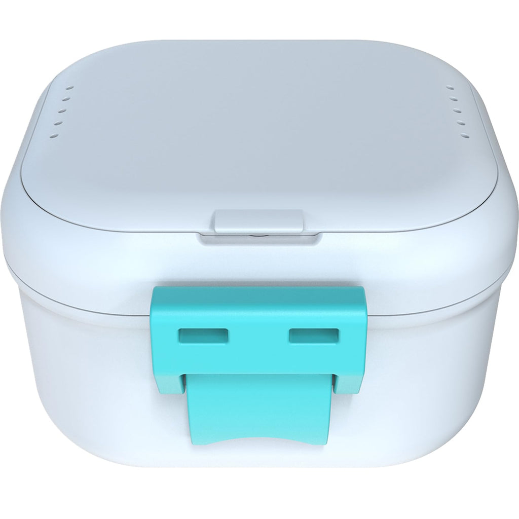 ARGOMAX Leak Proof Denture Bath Cup – White + Cyan, Portable Case