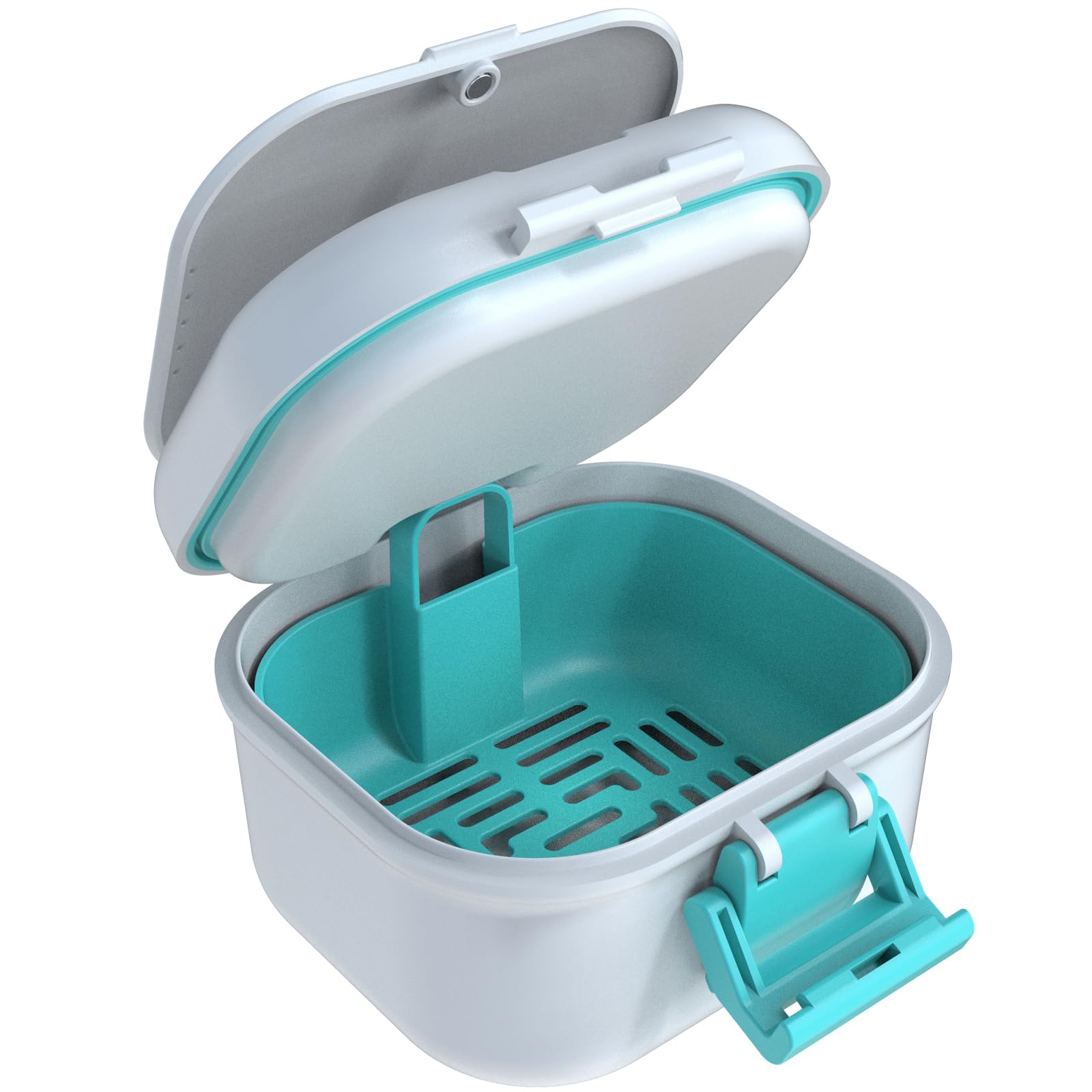 ARGOMAX Leak Proof Denture Bath Cup – White + Cyan, Portable Case