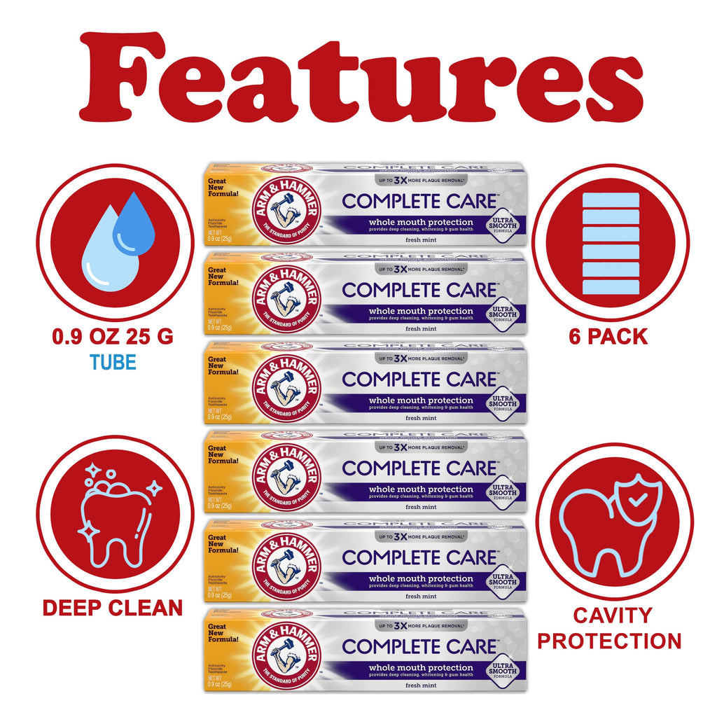 ARM & HAMMER Complete Care Toothpaste - Whole Mouth Protection 6 Pack, Fresh Mint, Travel Size 0.9 oz