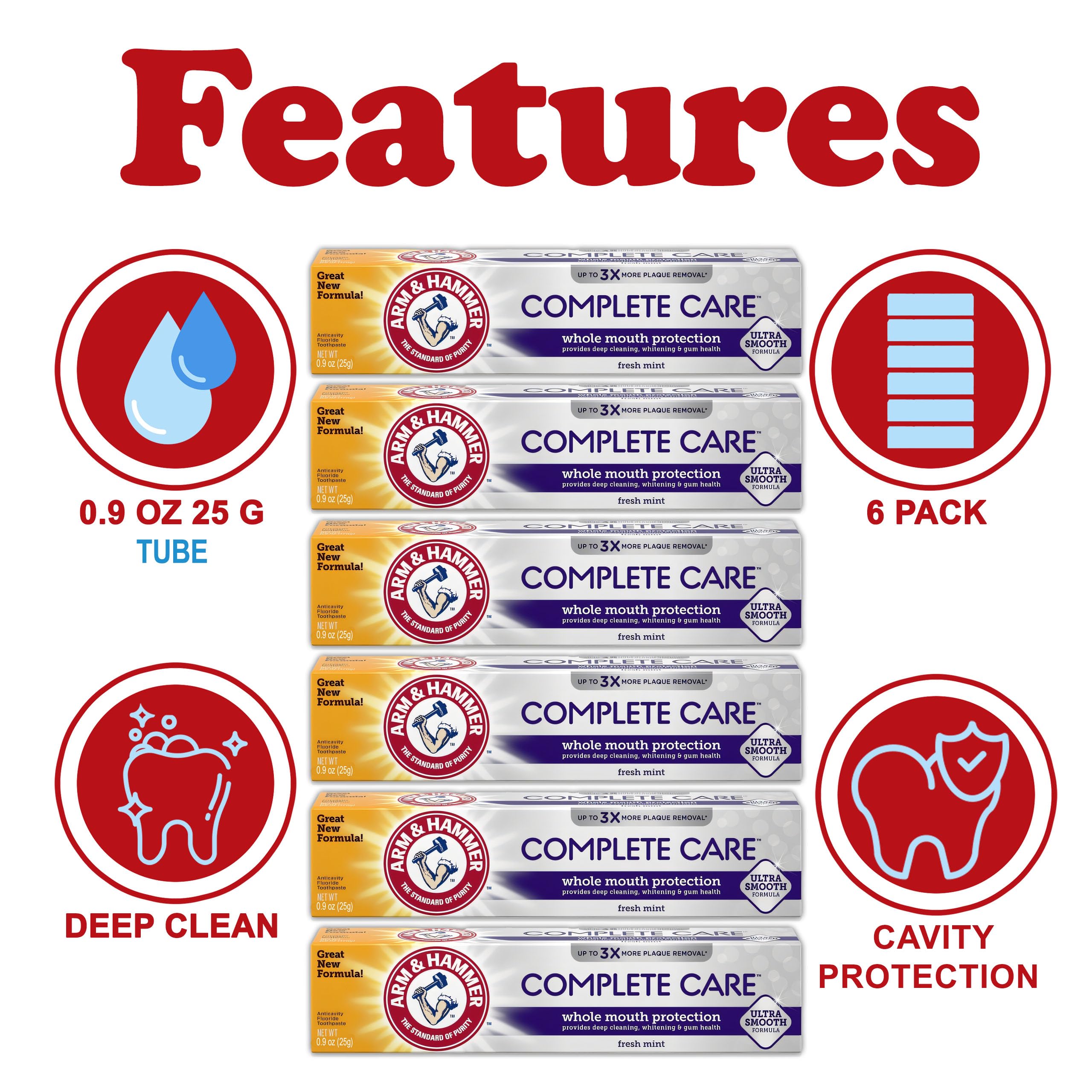 ARM & HAMMER Complete Care Toothpaste - Whole Mouth Protection 6 Pack, Fresh Mint, Travel Size 0.9 oz