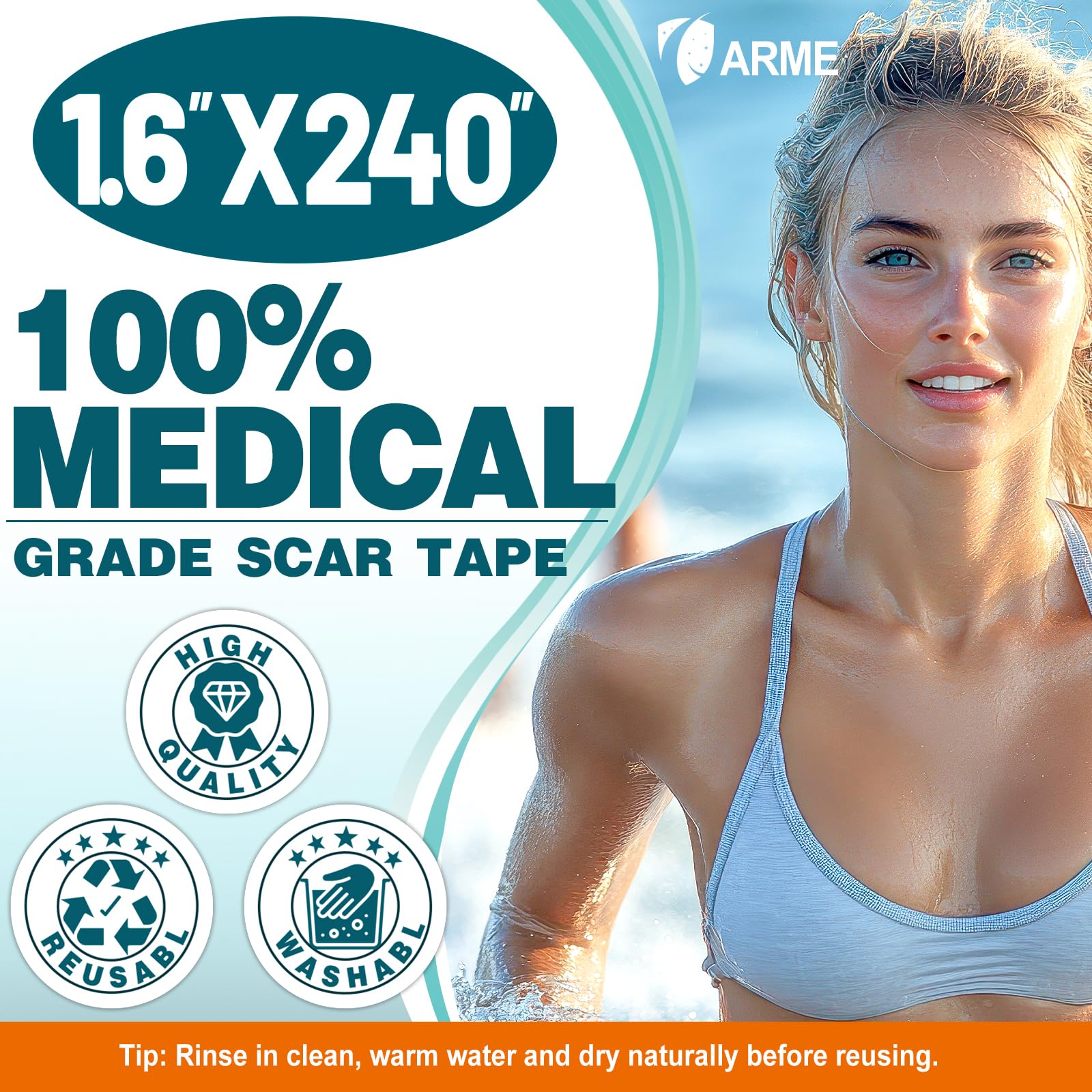 Arme Silicone Scar Tape – 1.6in x 240in Medical-Grade Scar Sheets (2 Rolls)