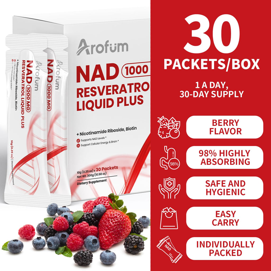 Arofum NAD+ Supplement 1000mg Liquid – 30 Packets | NR 850mg, Resveratrol & CoQ10