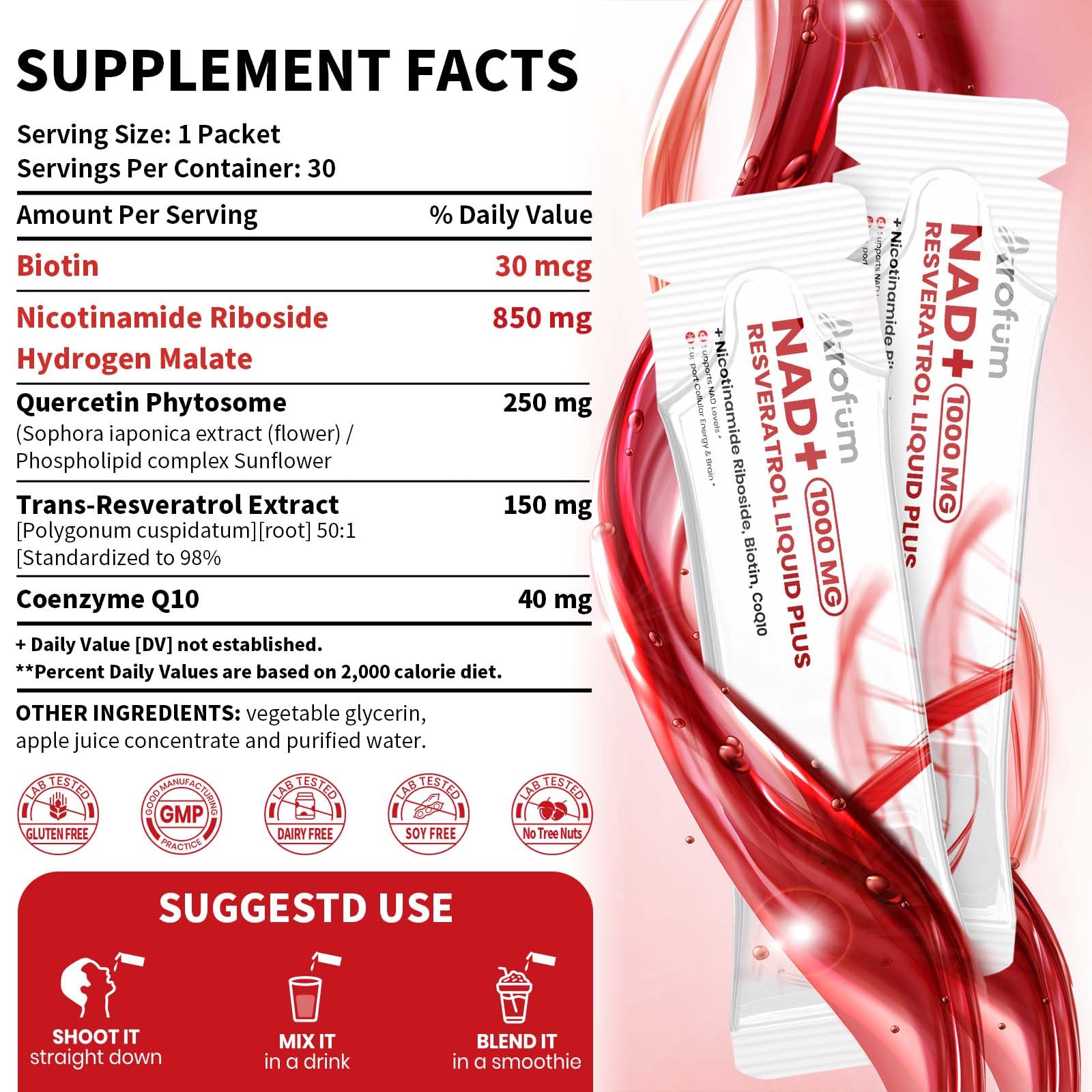 Arofum NAD+ Supplement 1000mg Liquid – 30 Packets | NR 850mg, Resveratrol & CoQ10