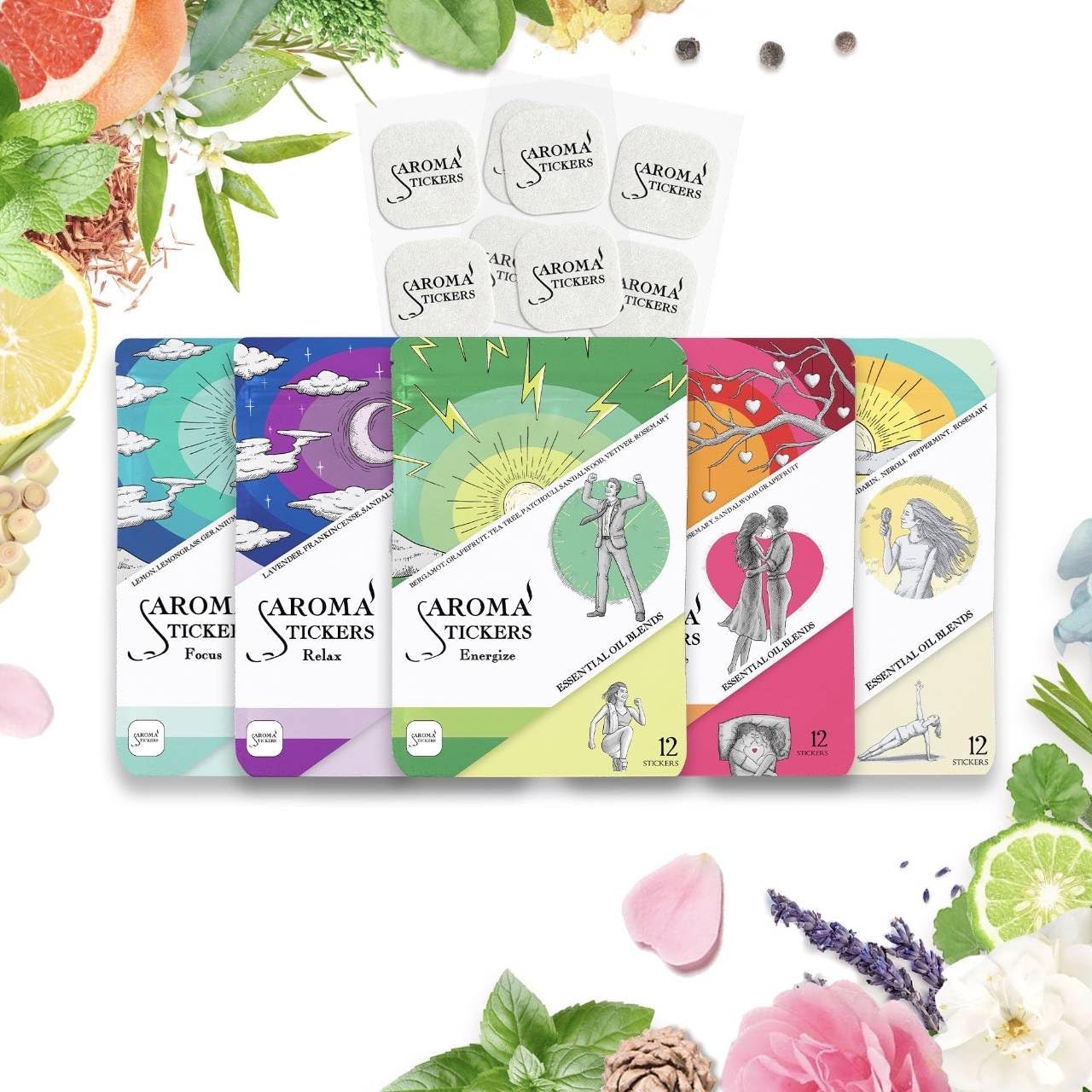 AROMA STICKERS Original Blend Edition – 60 Natural Diffuser Stickers (5 Blends, 12 Each)