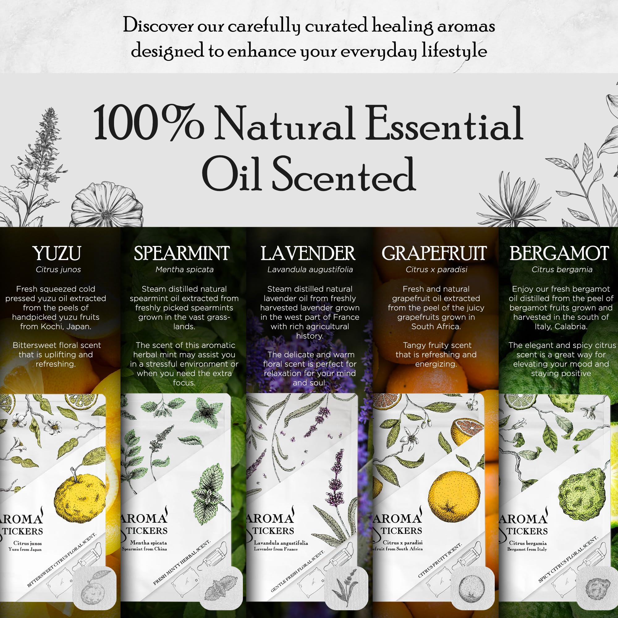 AROMA STICKERS® - 100% Natural Essential Oil Stickers (Pack of 5) for Face Mask & Pillow