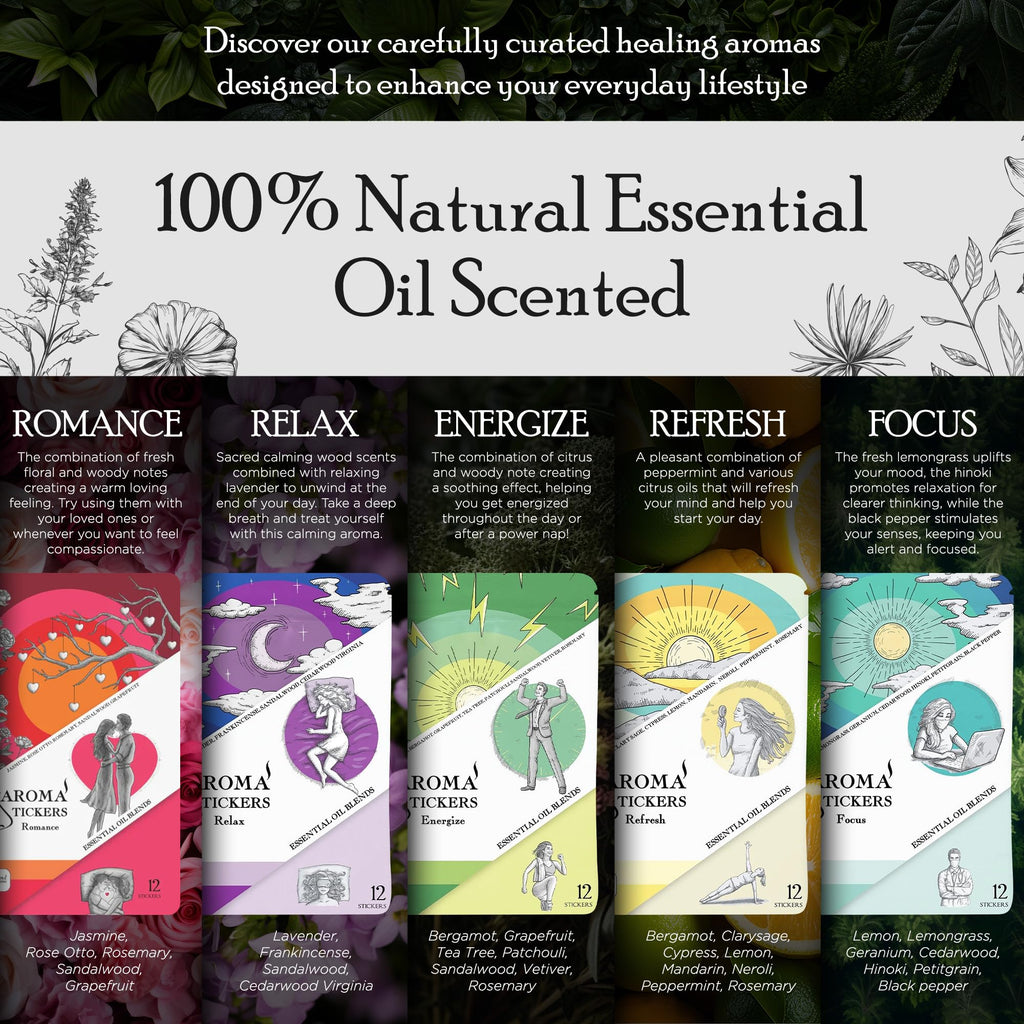 AROMA STICKERS Original Blend Edition – 60 Natural Diffuser Stickers (5 Blends, 12 Each)