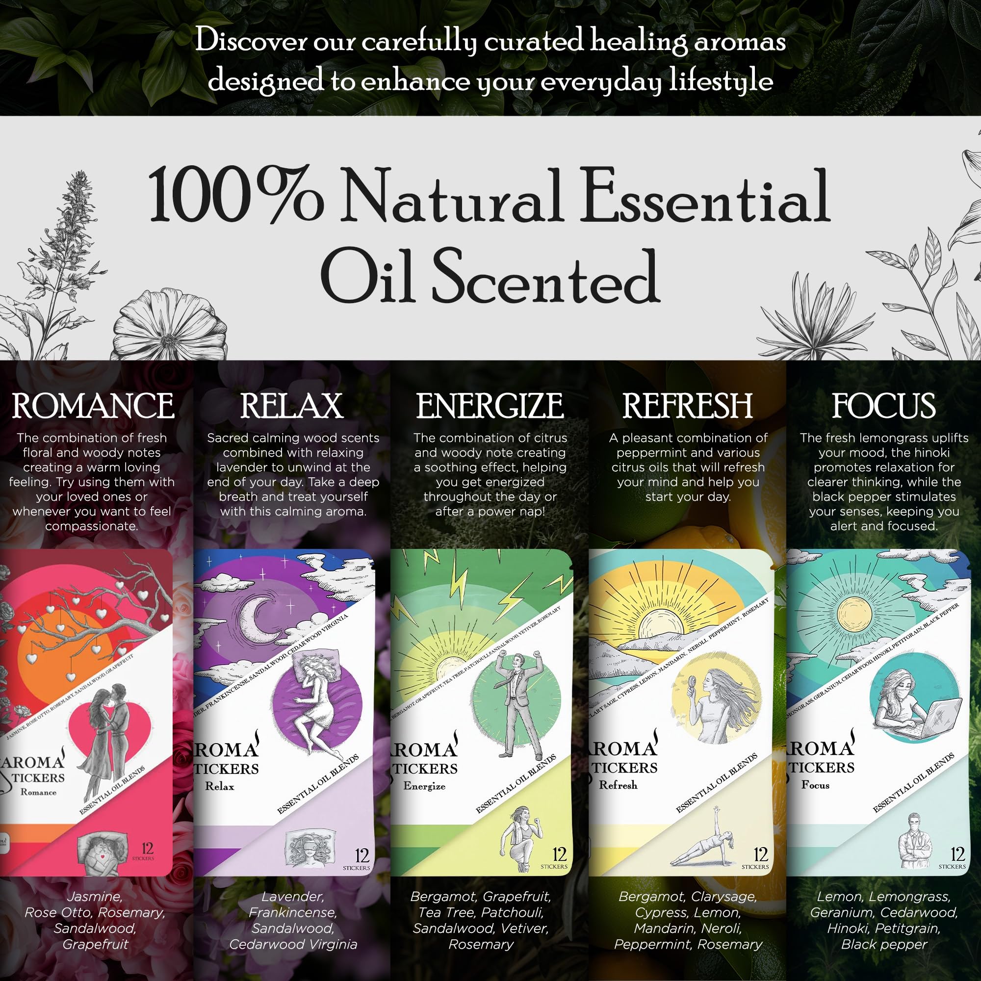 AROMA STICKERS Original Blend Edition – 60 Natural Diffuser Stickers (5 Blends, 12 Each)