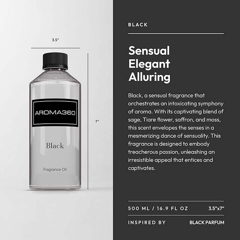 Aroma360 Black Diffuser Oil Blend | Luxury Essential Aromatherapy for Reed Diffusers | Sage, Tiaré Flower & Saffron | 16.9 oz (500 mL)