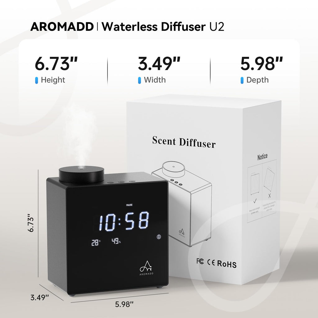 Aromadd 2026 Smart Waterless Diffuser – 2000 Sq Ft, Clock & Environment Display (Black)