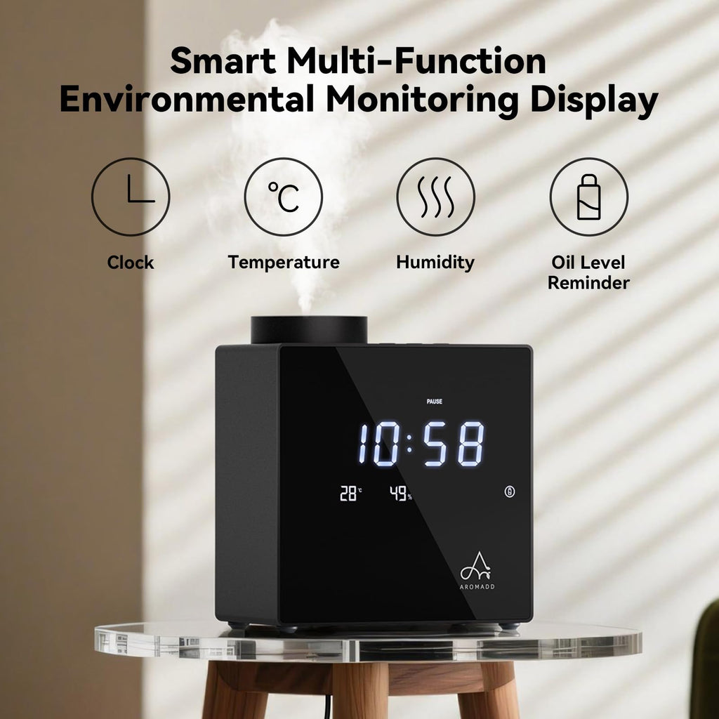Aromadd 2026 Smart Waterless Diffuser – 2000 Sq Ft, Clock & Environment Display (Black)
