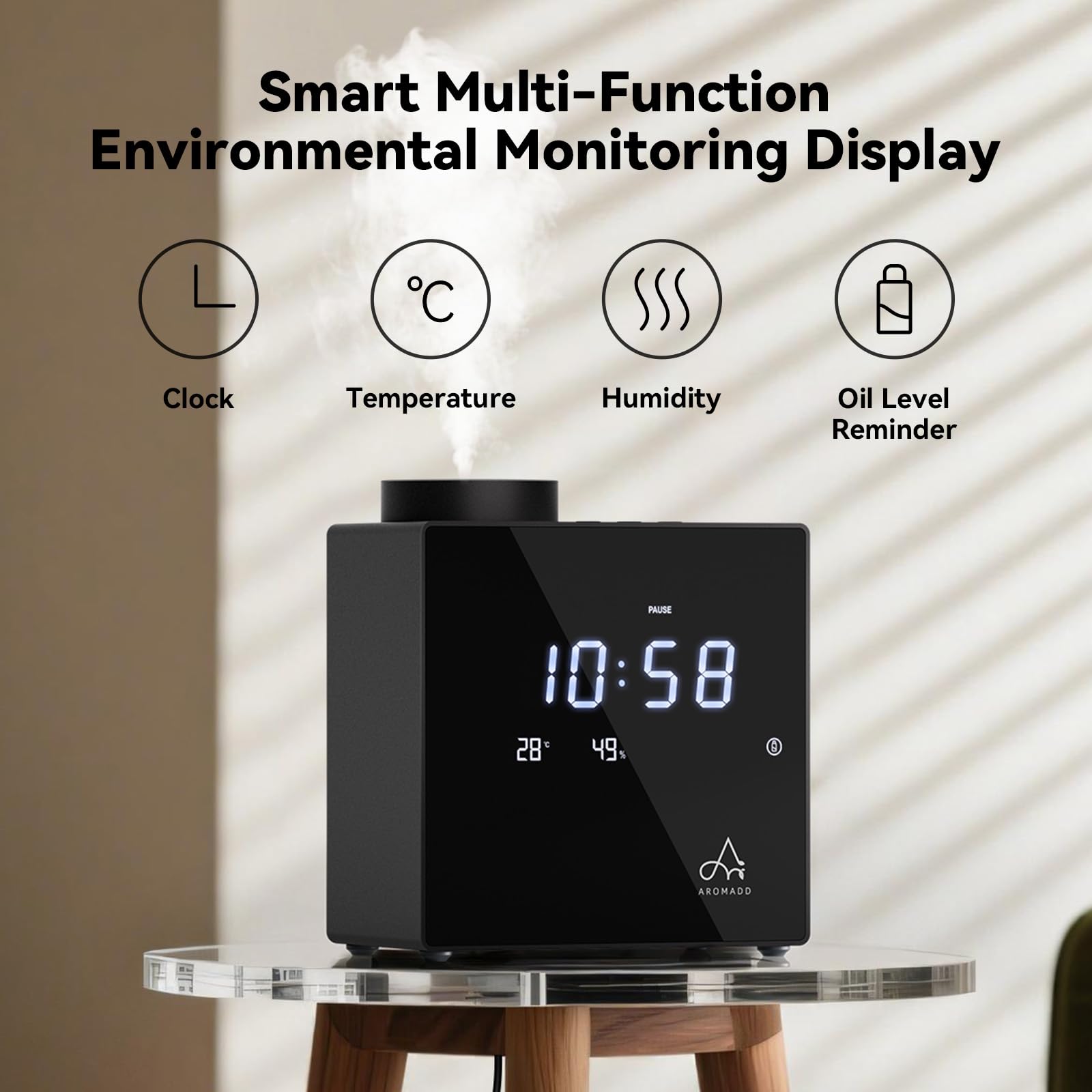 Aromadd 2026 Smart Waterless Diffuser – 2000 Sq Ft, Clock & Environment Display (Black)