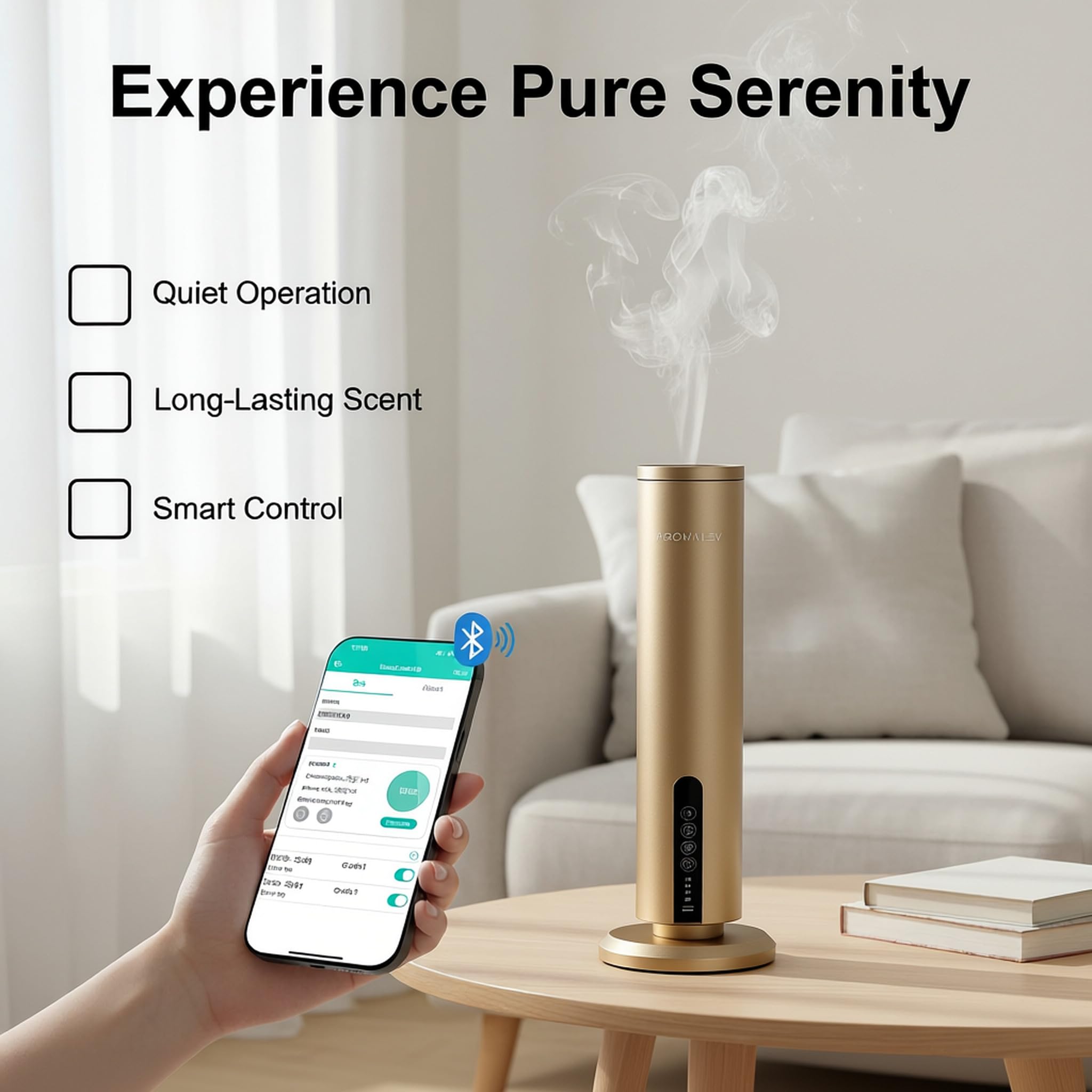 AROMALEV Waterless Diffuser – Wireless, Bluetooth App Control, 1200 sq ft Coverage (Gold)