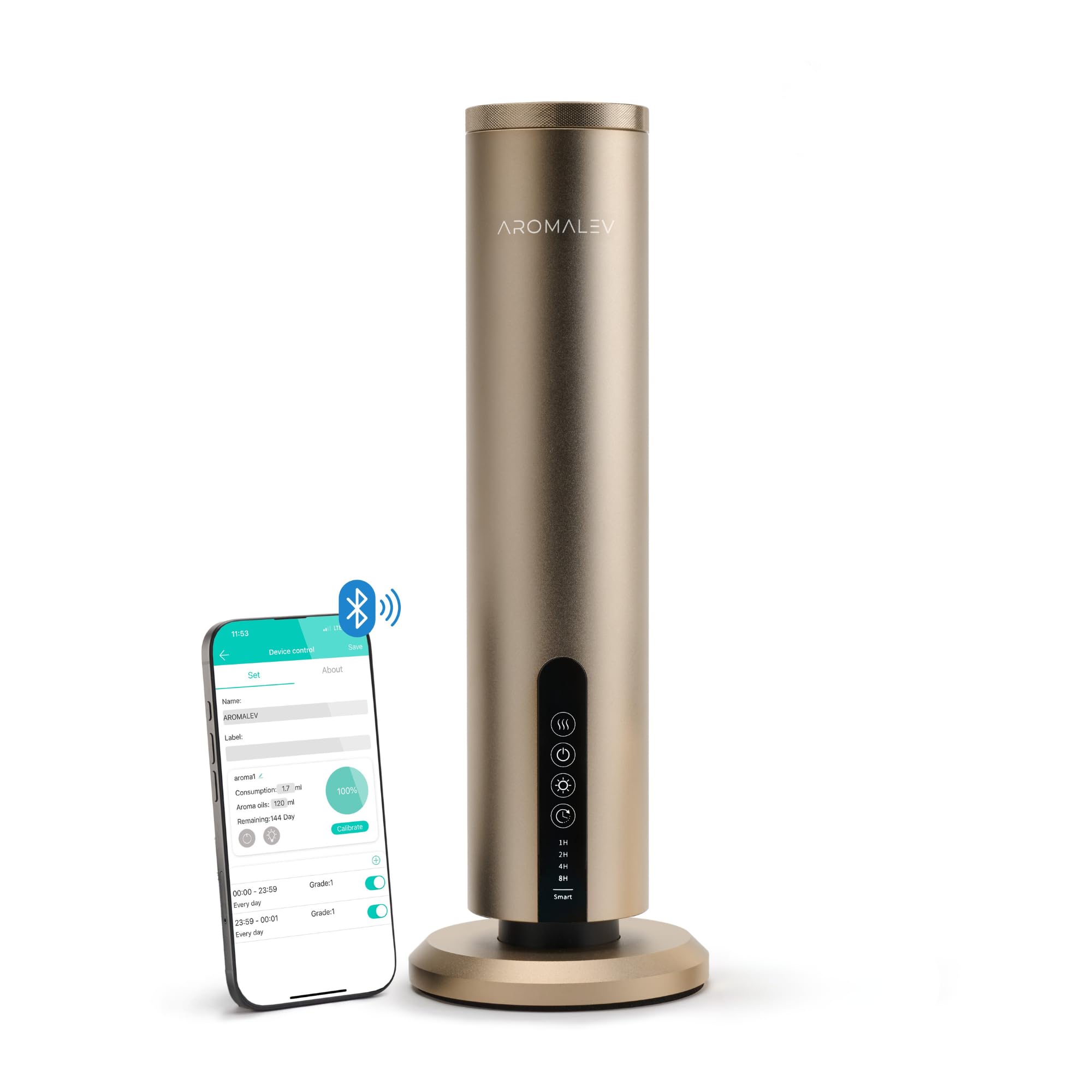 AROMALEV Waterless Diffuser – Wireless, Bluetooth App Control, 1200 sq ft Coverage (Gold)